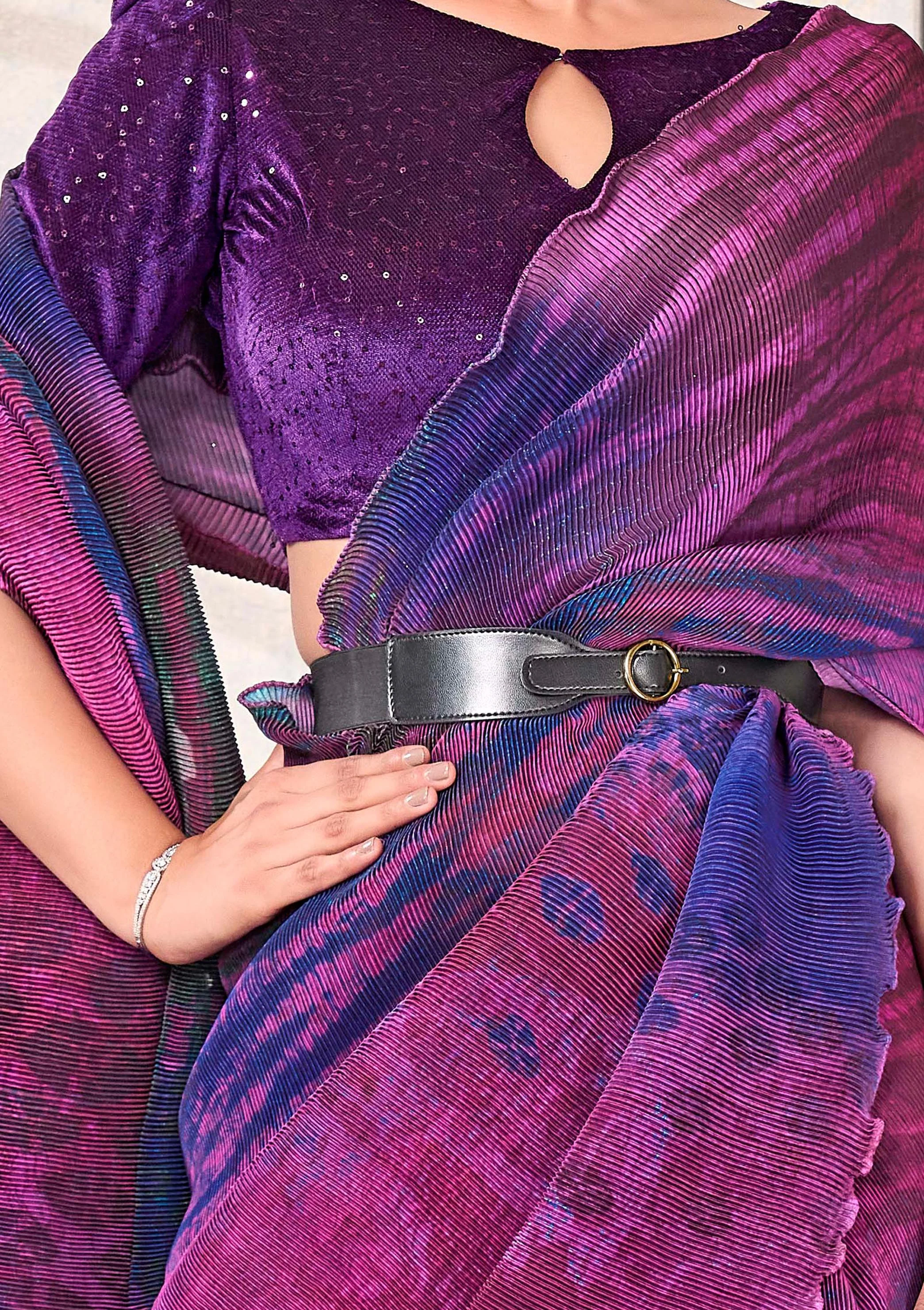 Purple Satin Silk Saree with Belt - Image 4