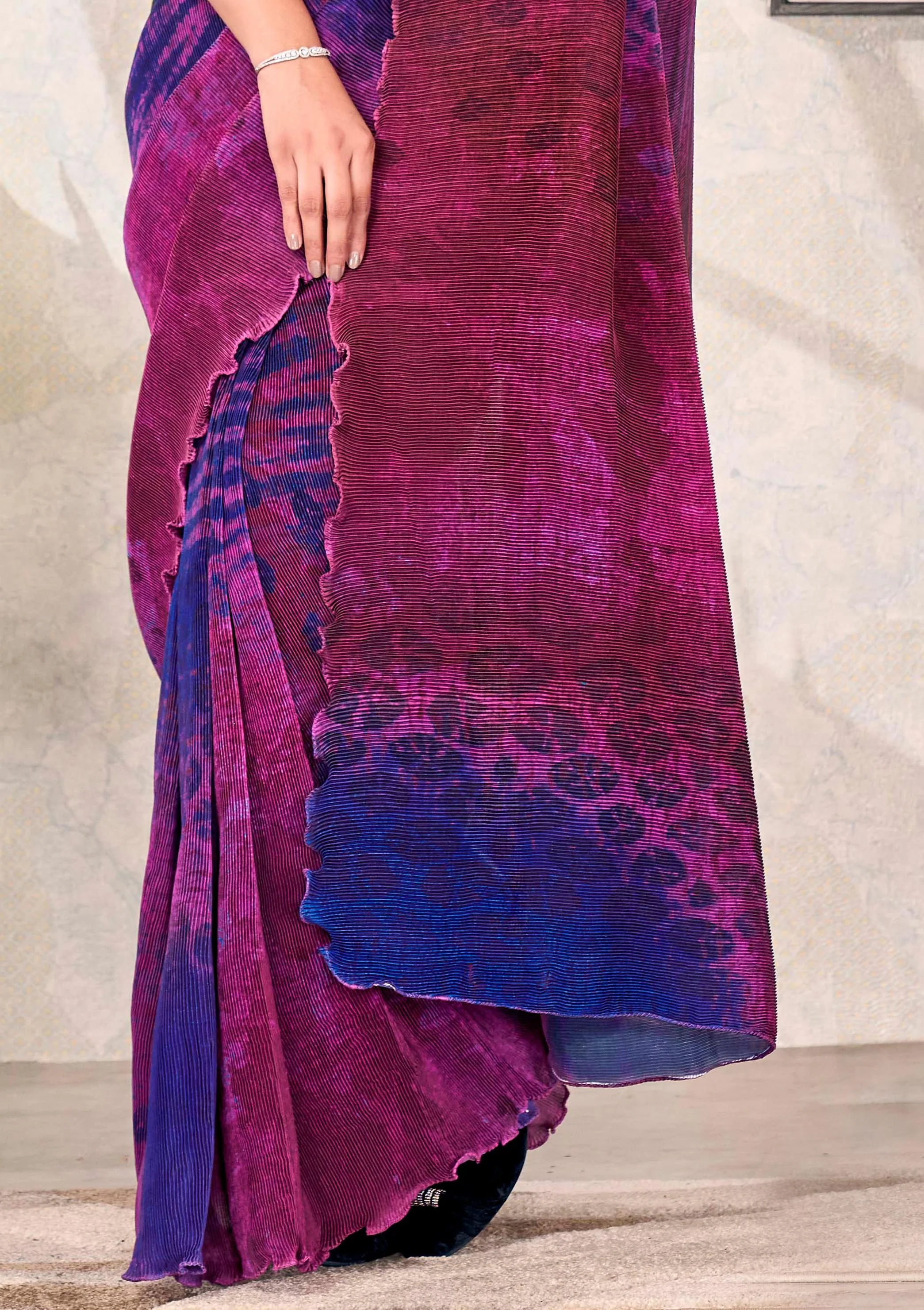 Purple Satin Silk Saree with Belt - Image 5