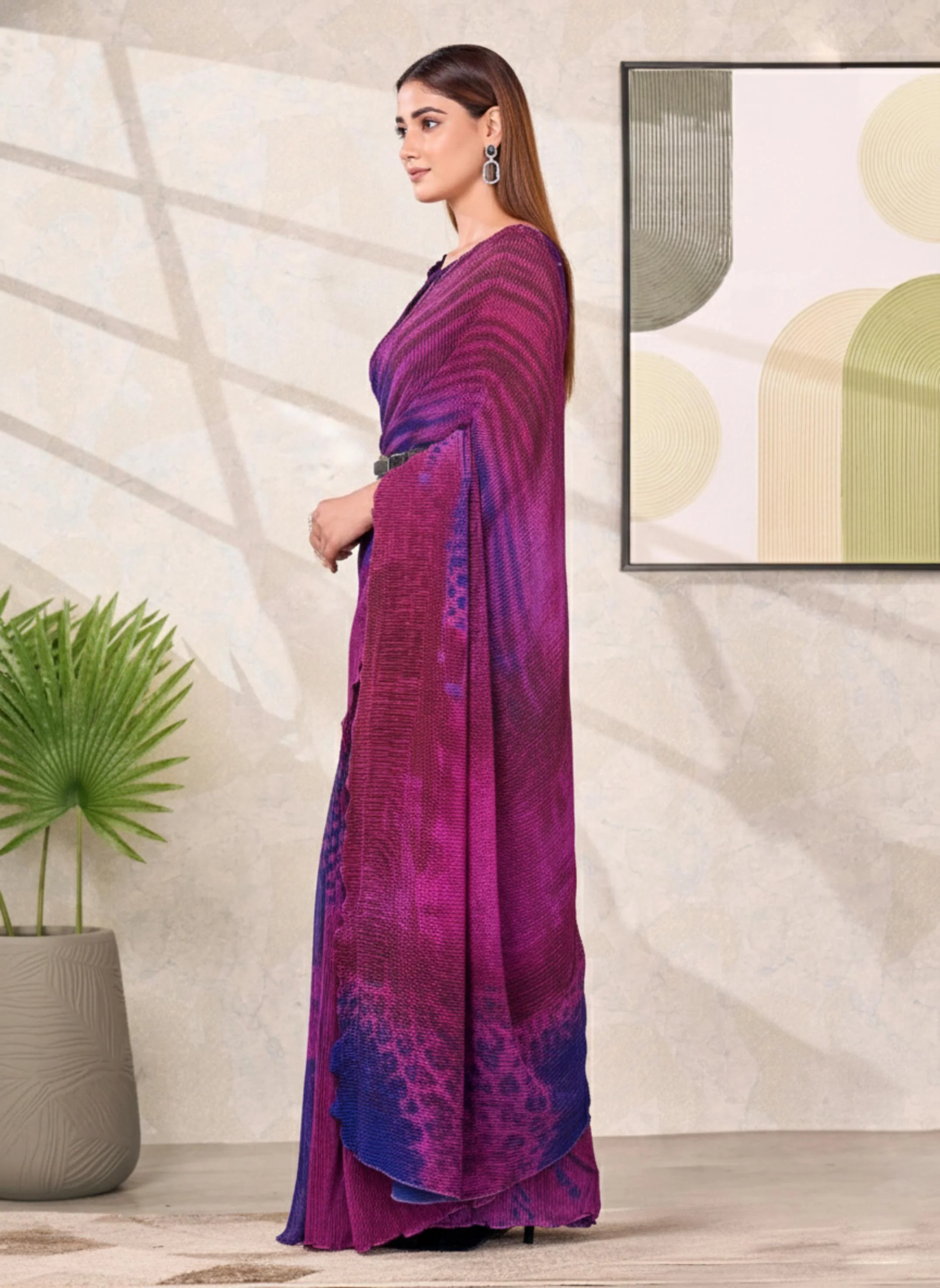Purple Satin Silk Saree with Belt - Image 6