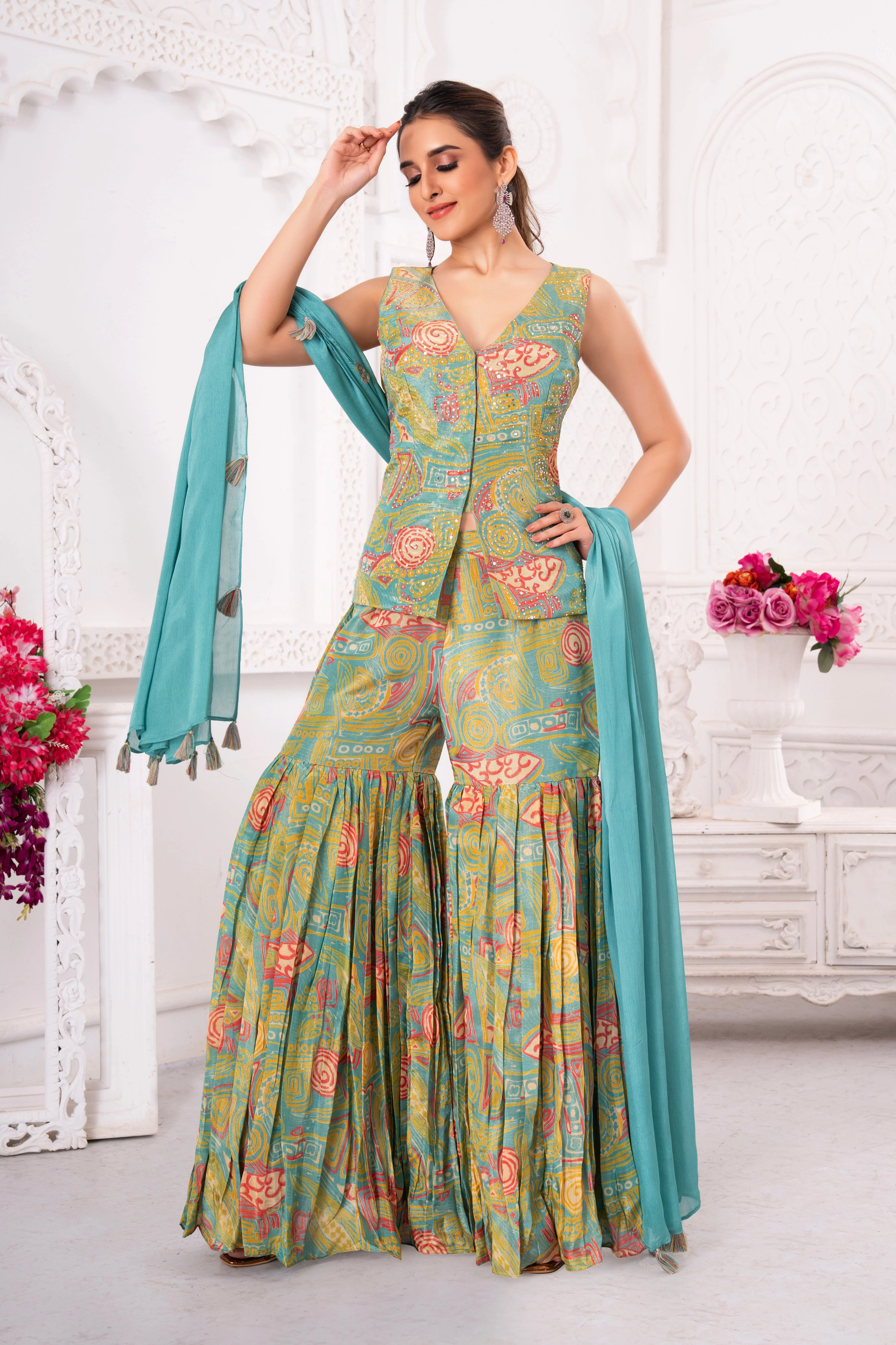 Floral Green Tissue Silk Sharara Set