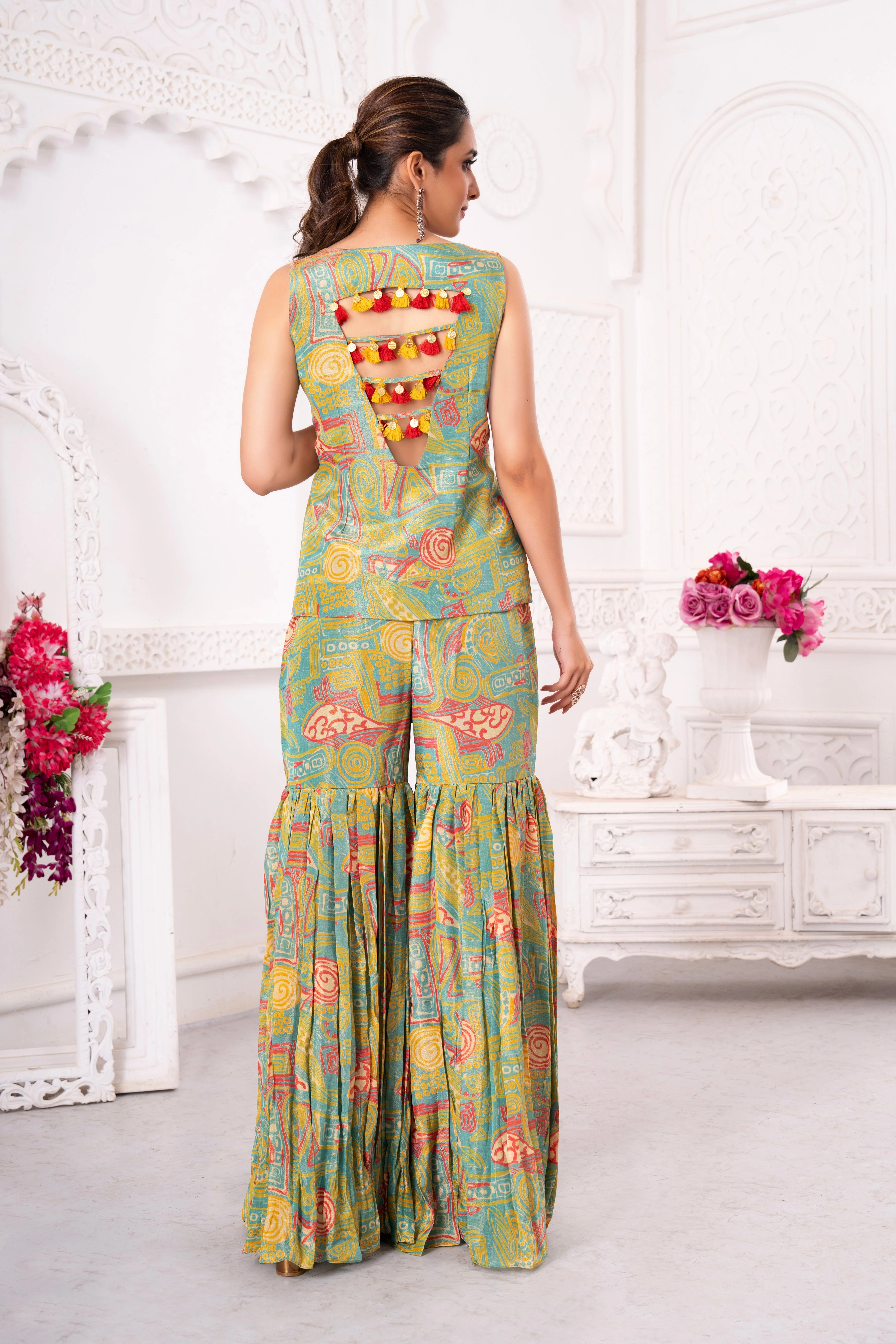 Floral Green Tissue Silk Sharara Set - Image 2