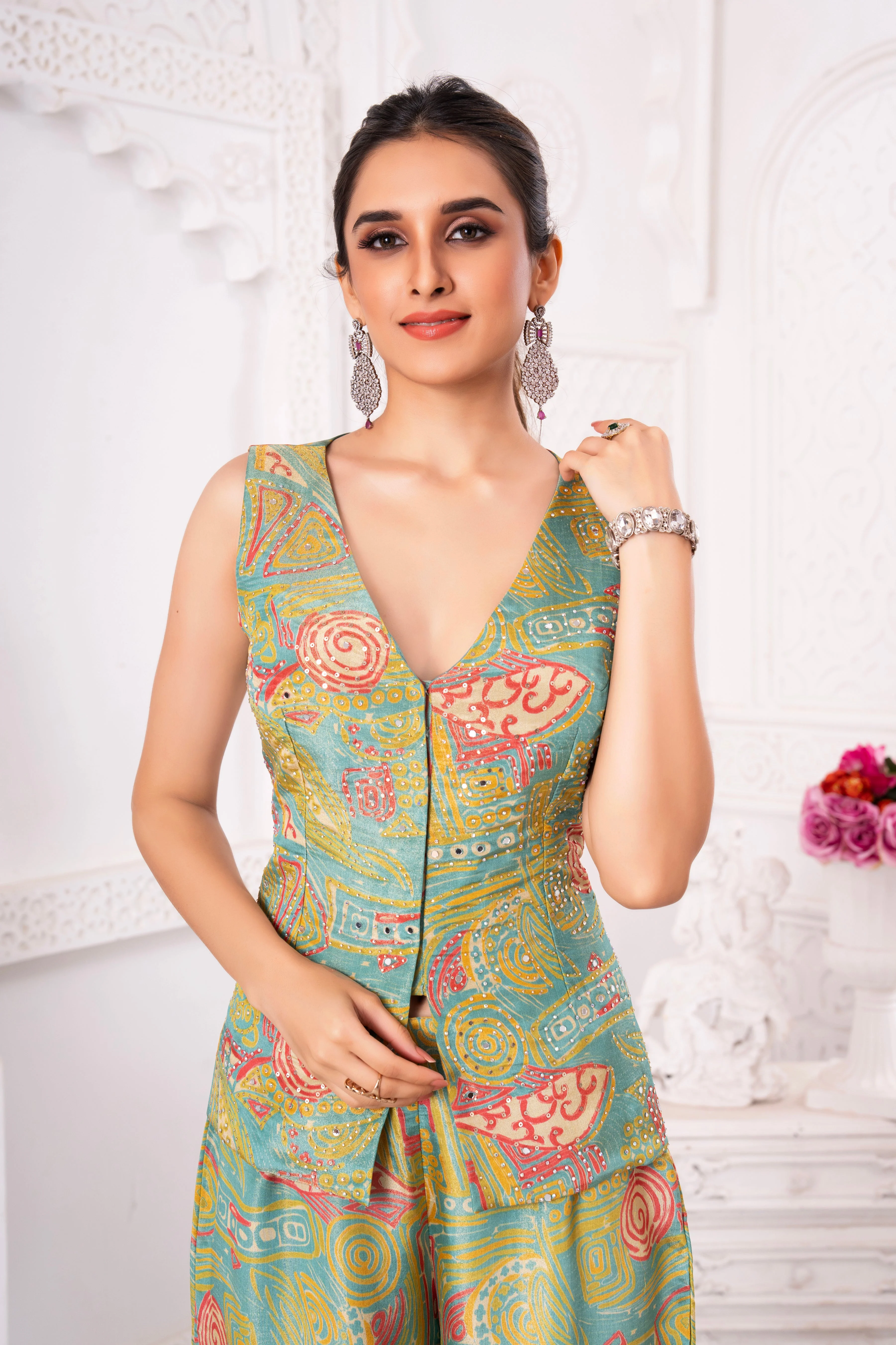 Floral Green Tissue Silk Sharara Set - Image 3