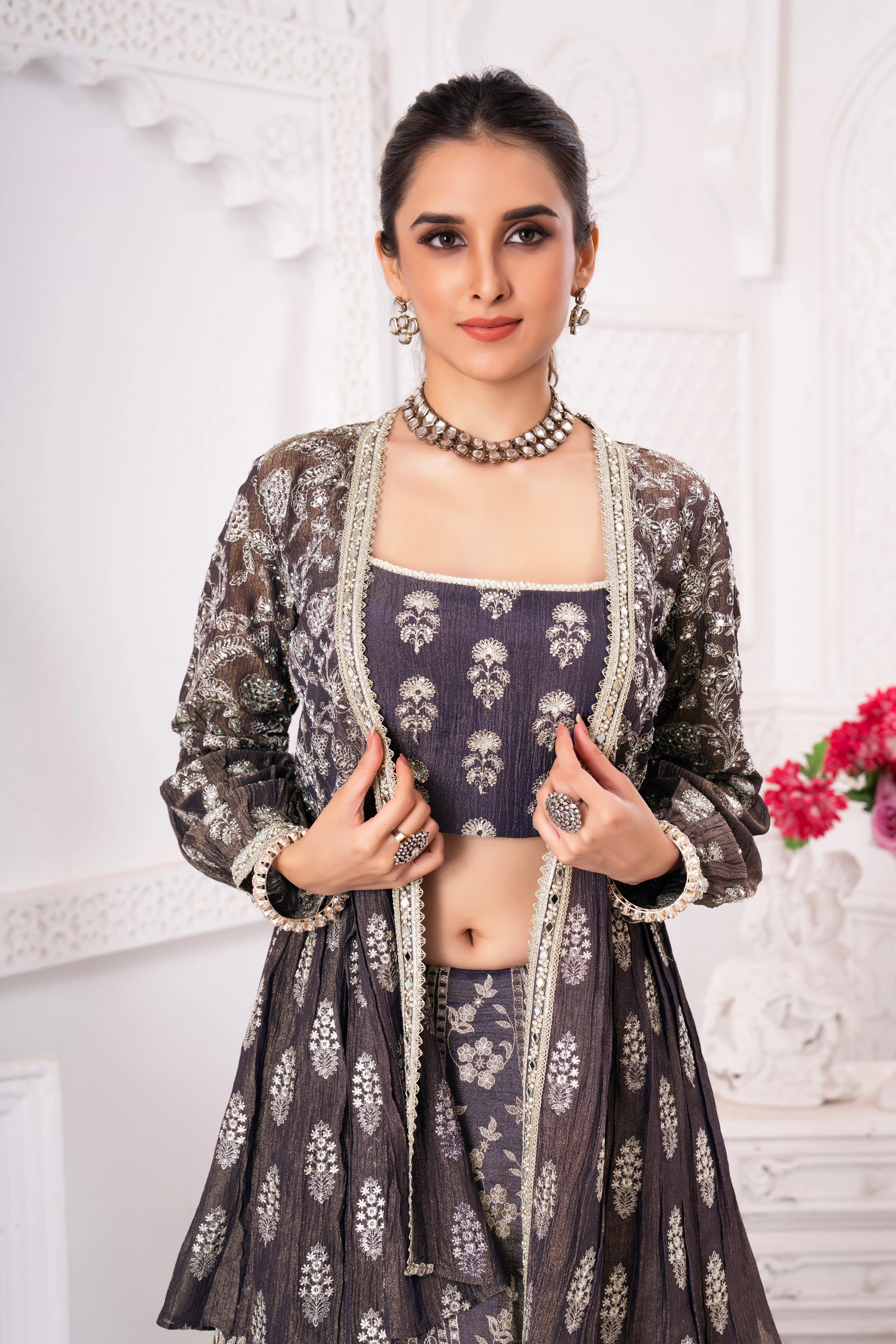 Shimmer Purple Floral Handwork Cape Lehenga Set - Image 2