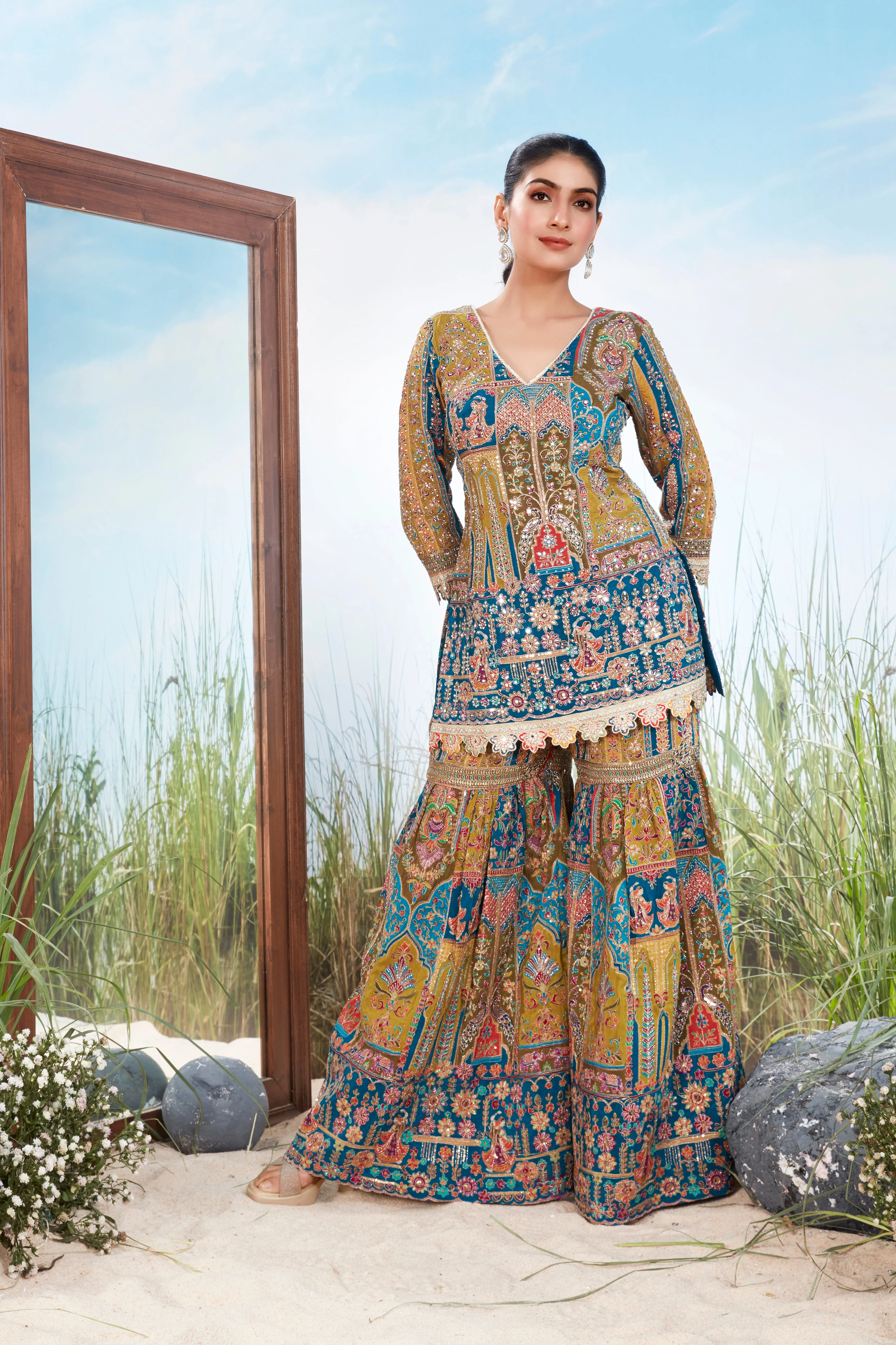 Multi-Color Embellished Raw Silk Sharara Set - Image 2