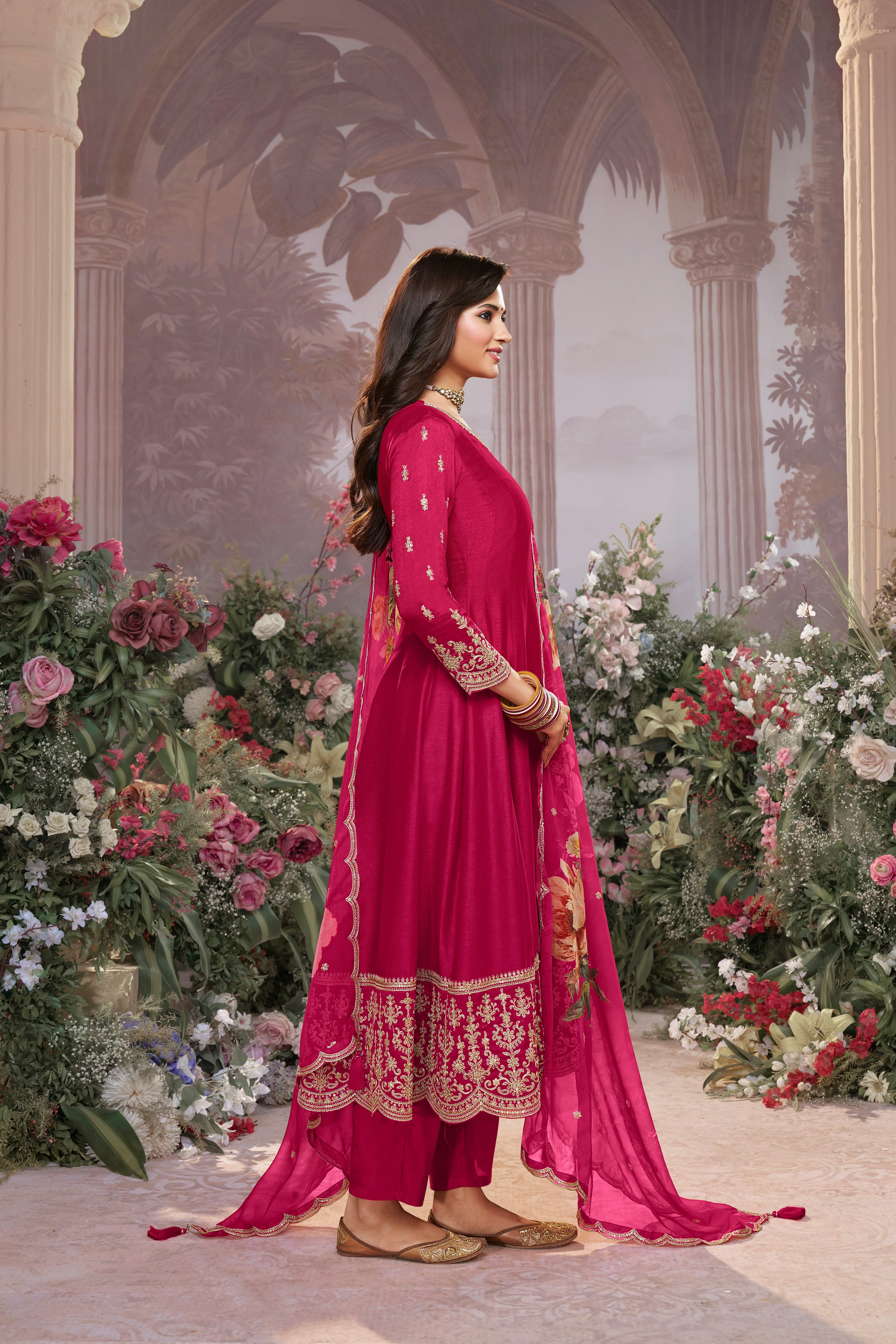 Queen Pink Embellished Raw Silk Anarkali Set - Image 5