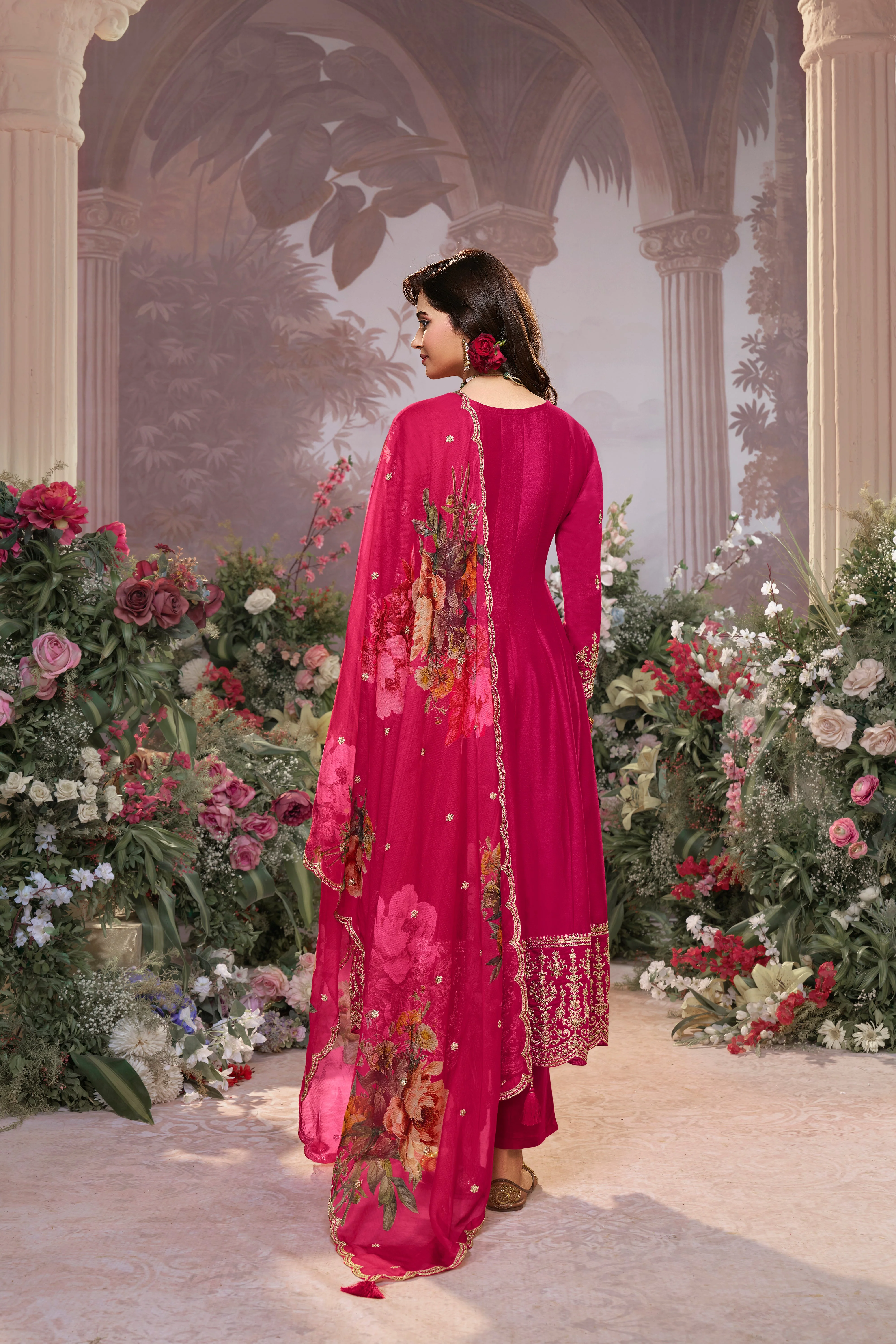 Queen Pink Embellished Raw Silk Anarkali Set - Image 7