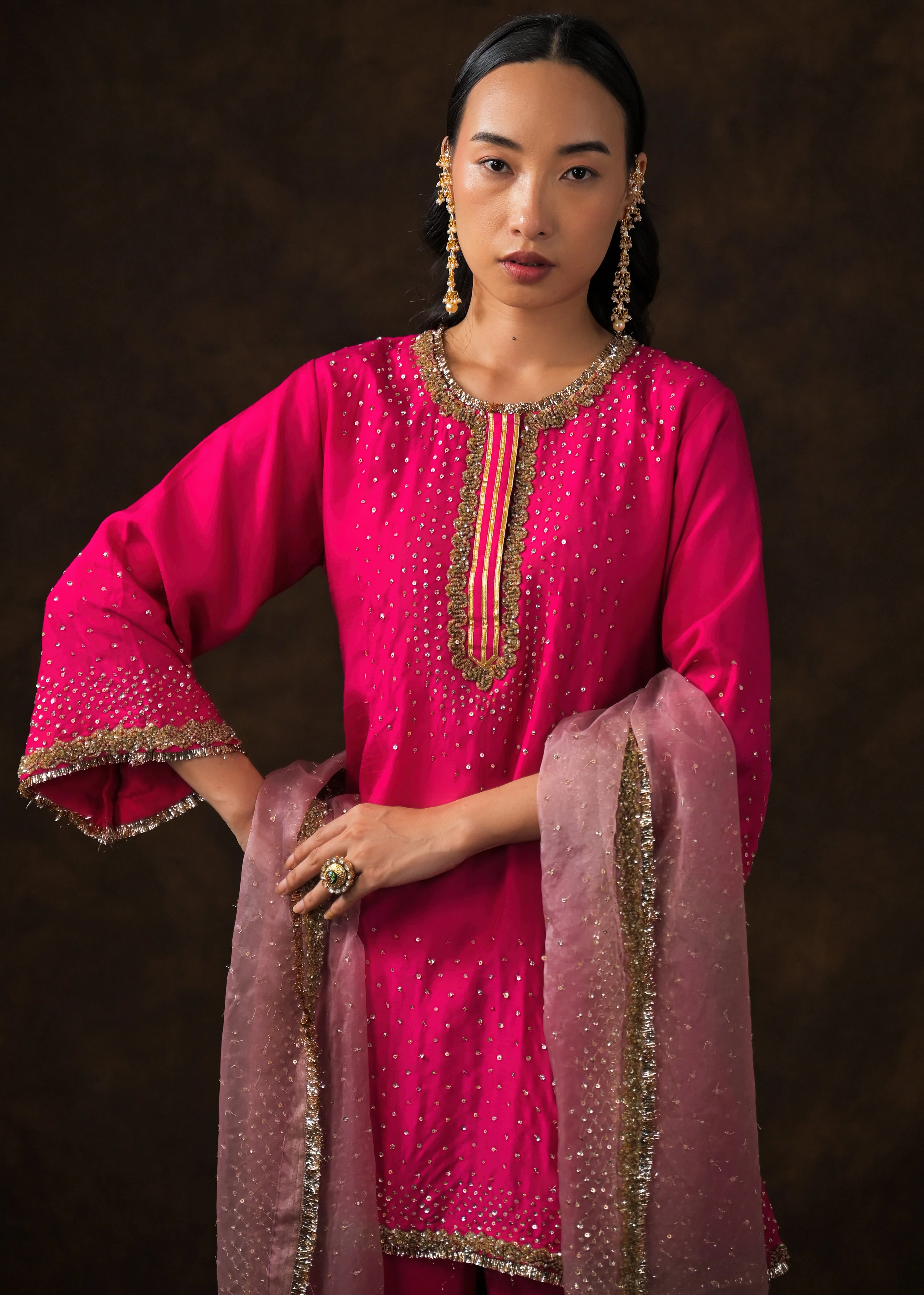 Queen Pink Embellished Raw Silk Pant Set - Image 3