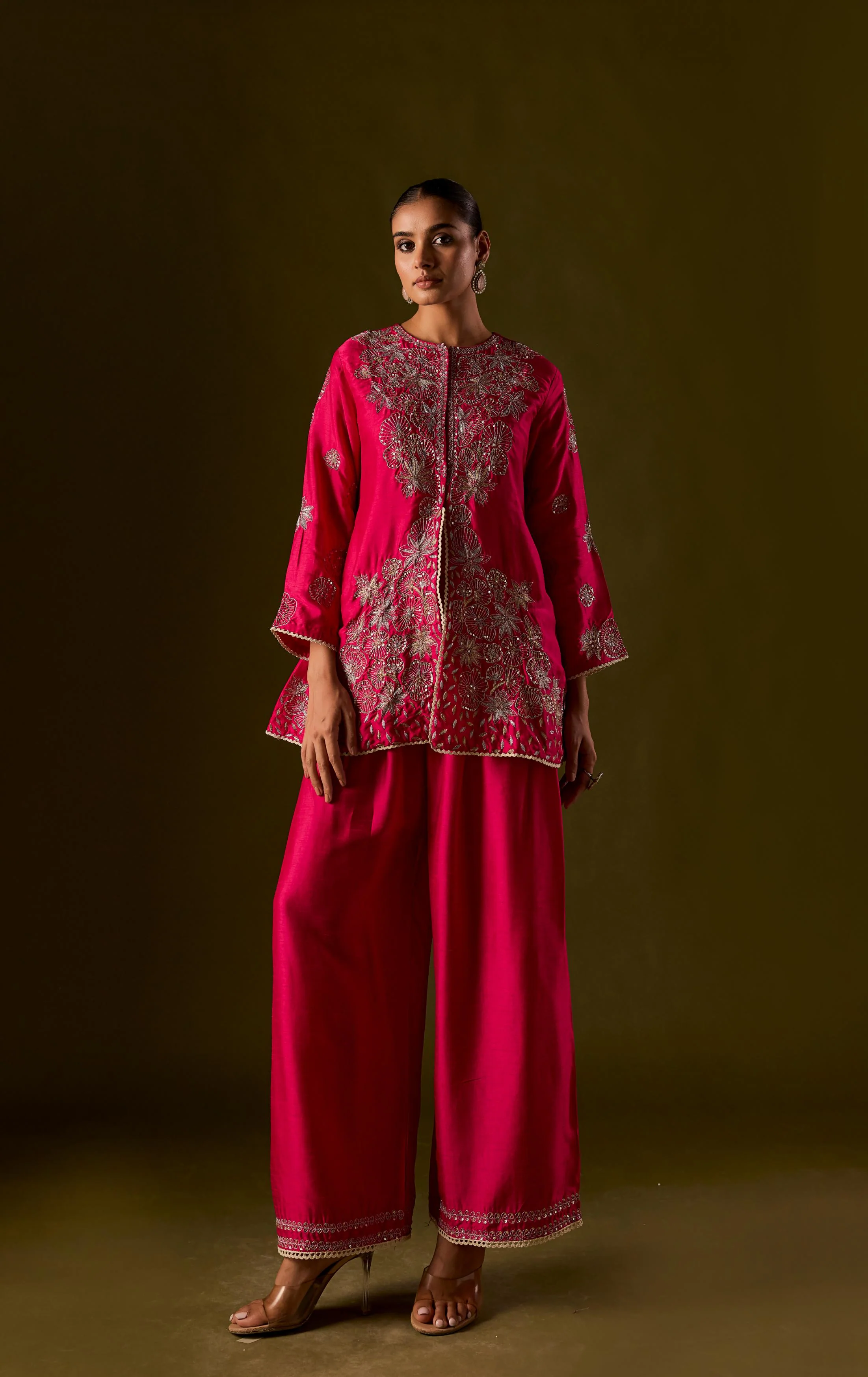 Queen's Pink Raw Silk Embellished Co-Ord Set - Image 3