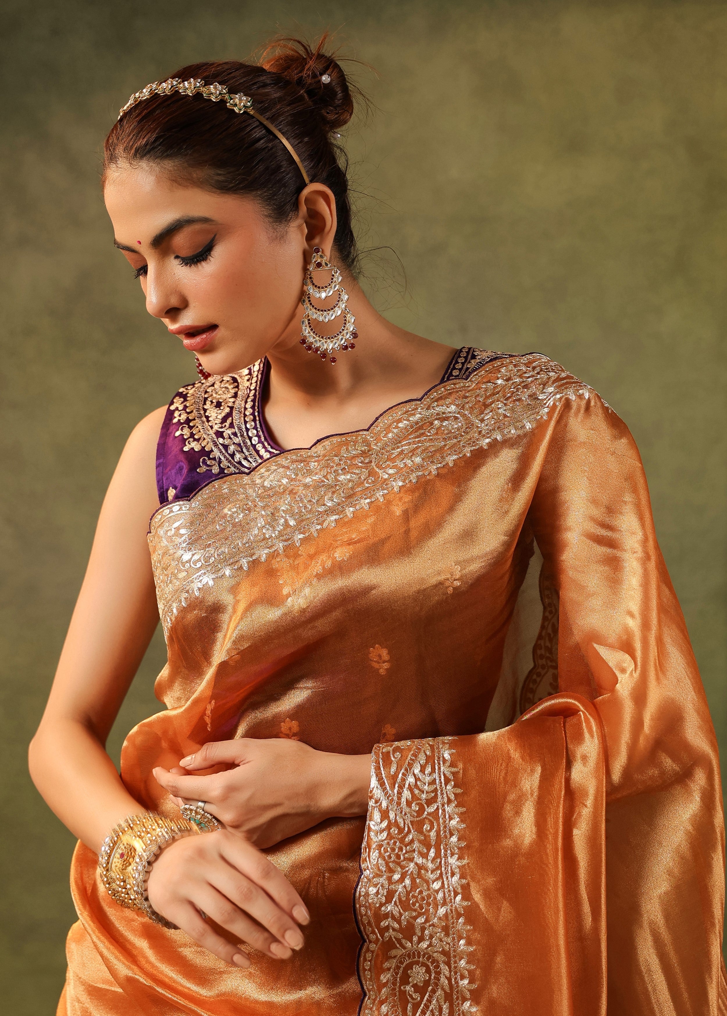 Burnt Orange Embroidered Organza Silk Saree - Image 2