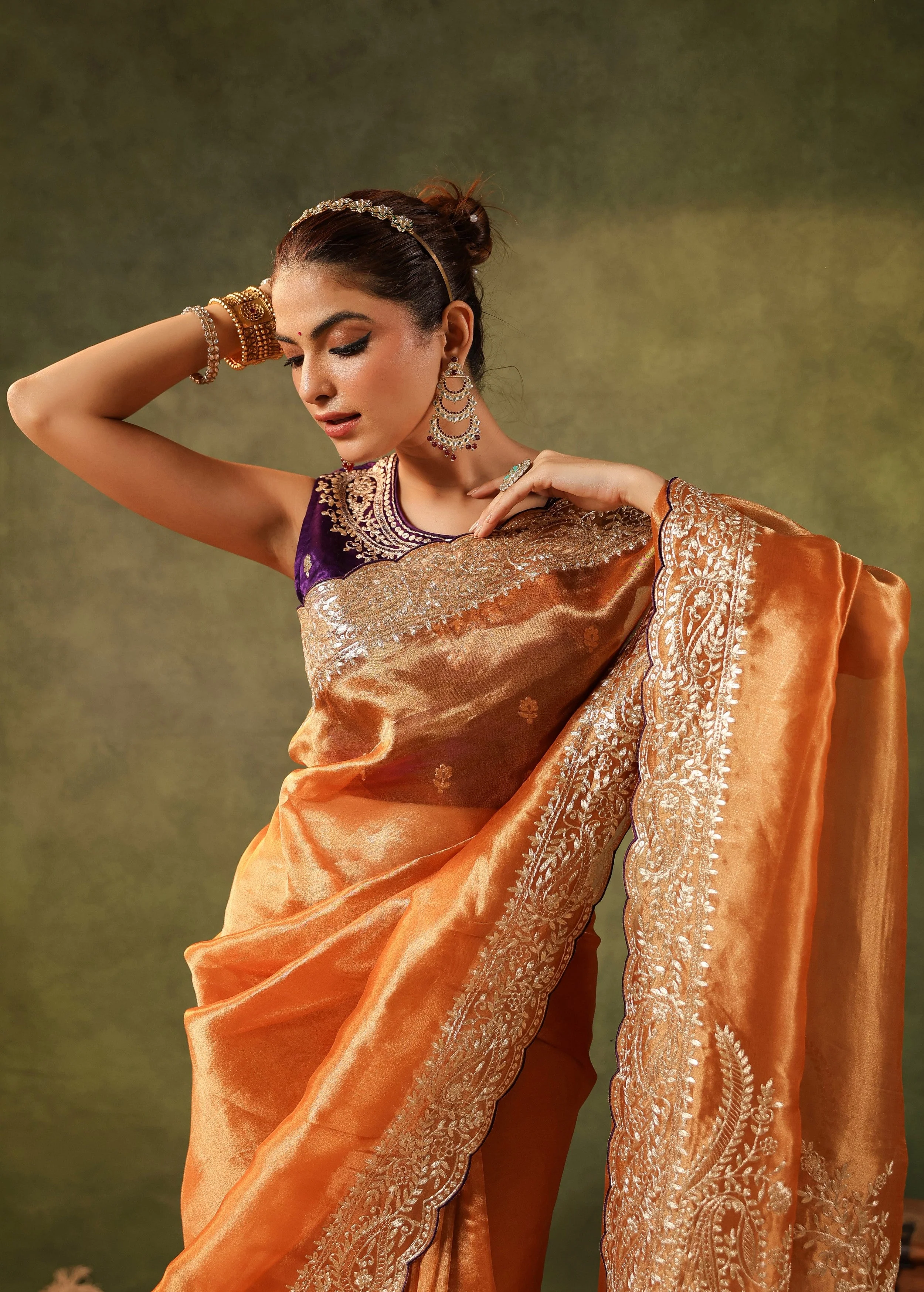 Burnt Orange Embroidered Organza Silk Saree - Image 3
