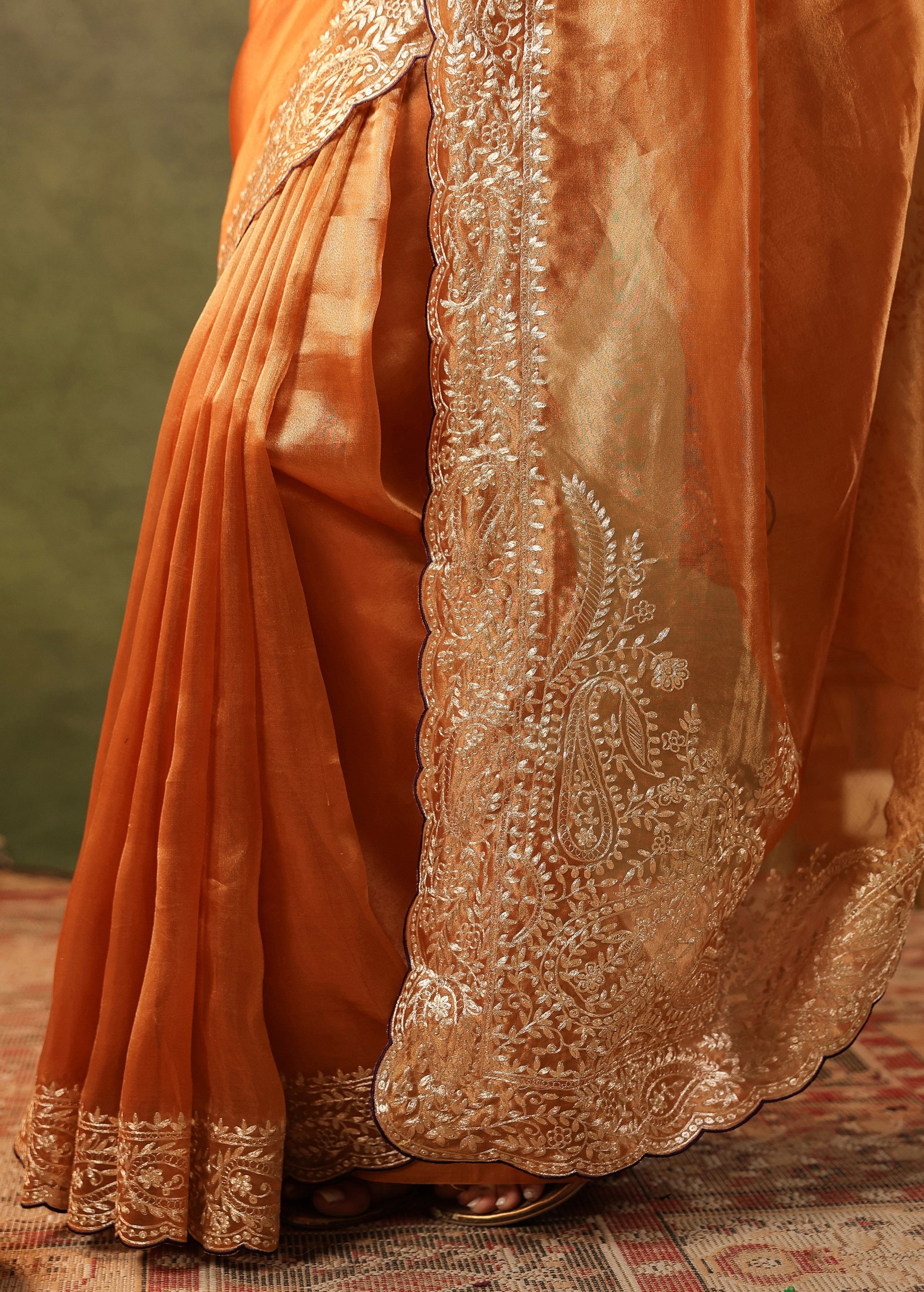 Burnt Orange Embroidered Organza Silk Saree - Image 4