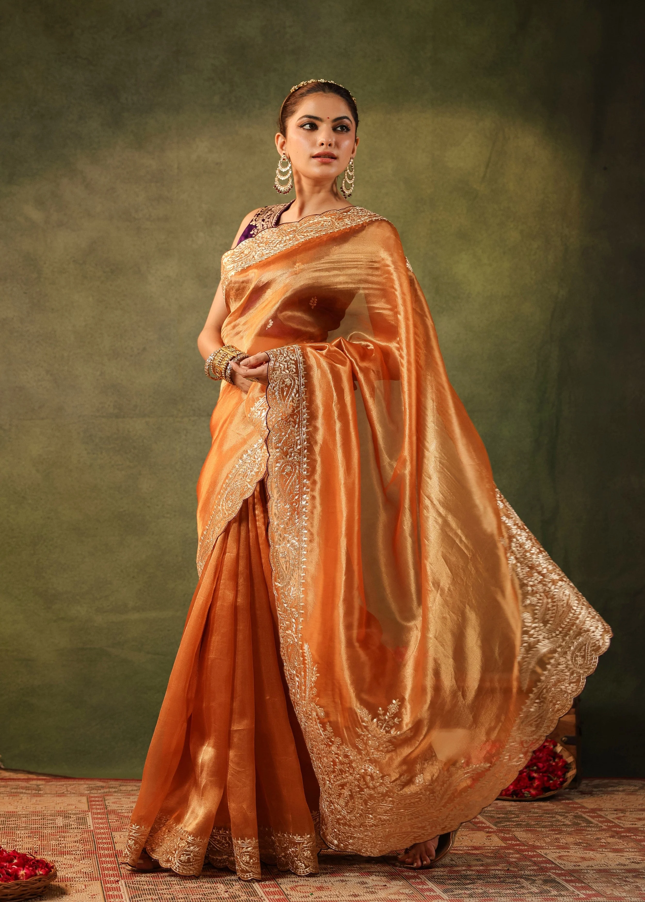 Burnt Orange Embroidered Organza Silk Saree - Image 5