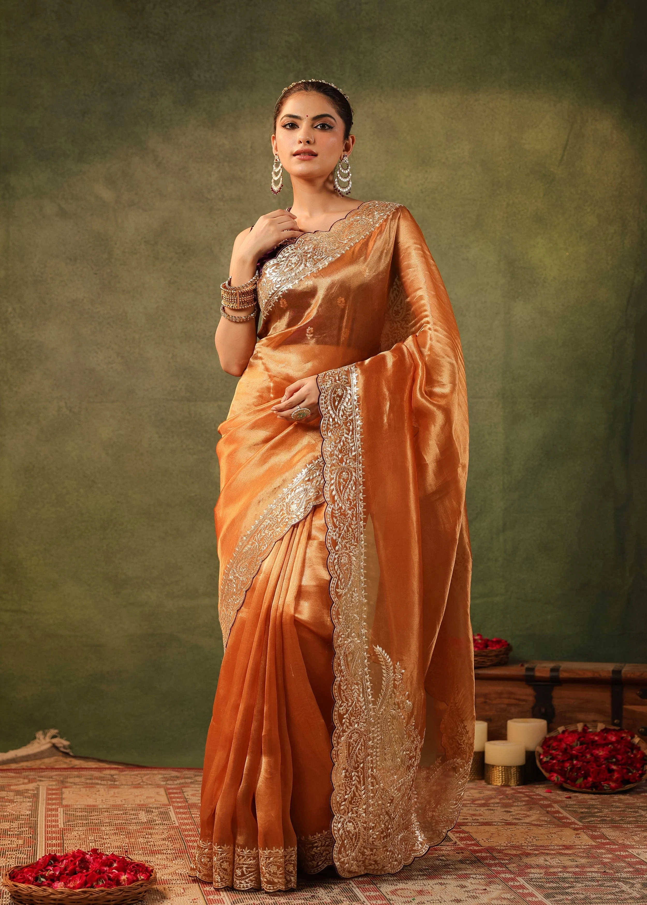 Burnt Orange Embroidered Organza Silk Saree - Image 6