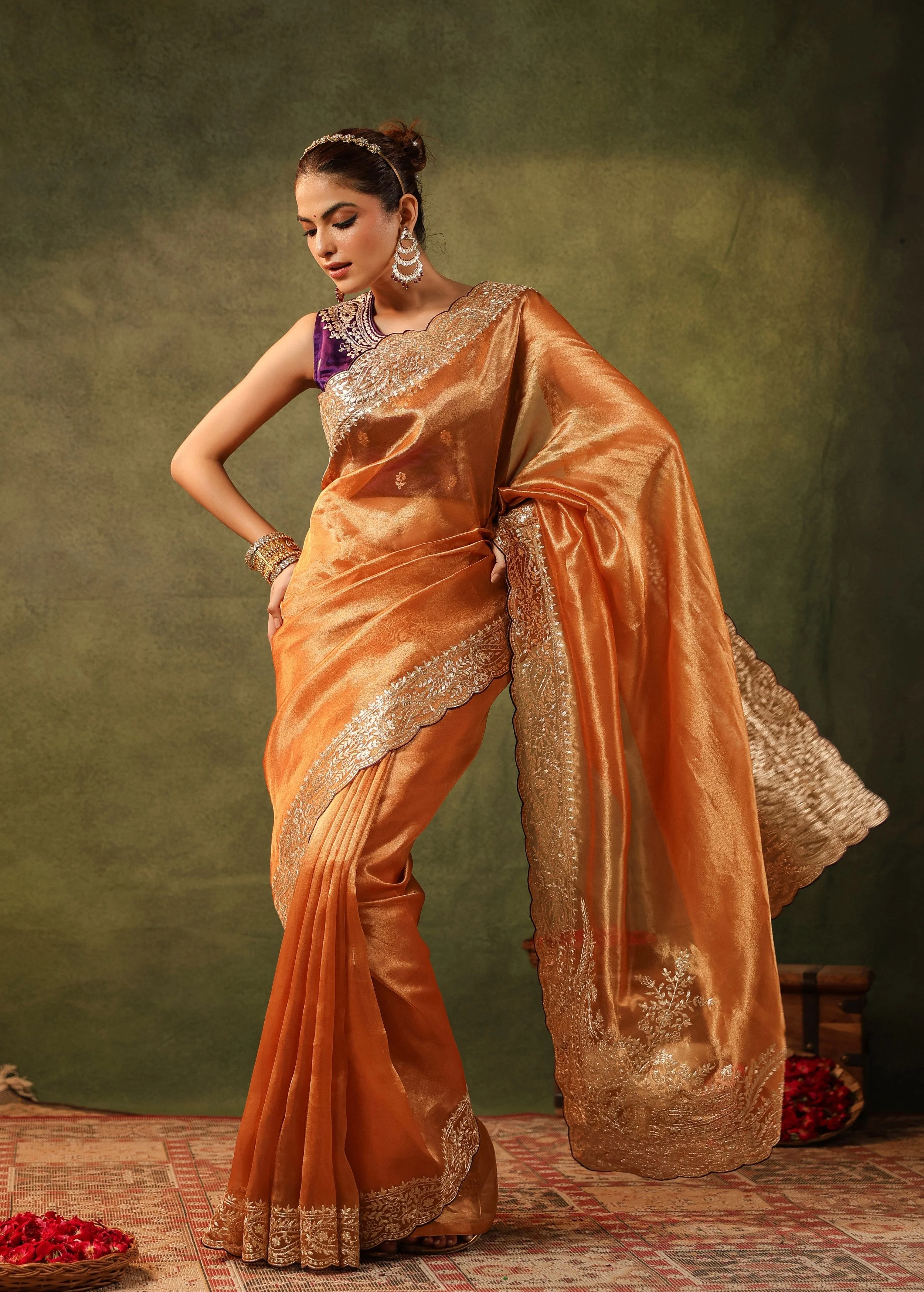 Burnt Orange Embroidered Organza Silk Saree - Image 7