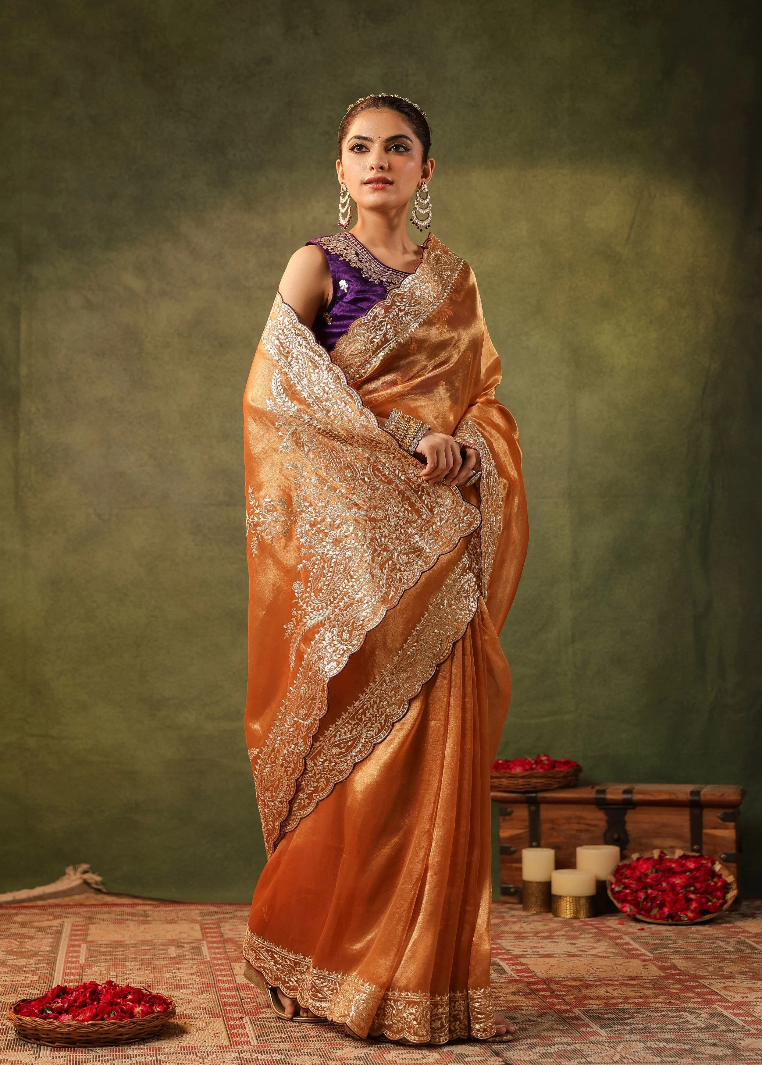 Burnt Orange Embroidered Organza Silk Saree - Image 8