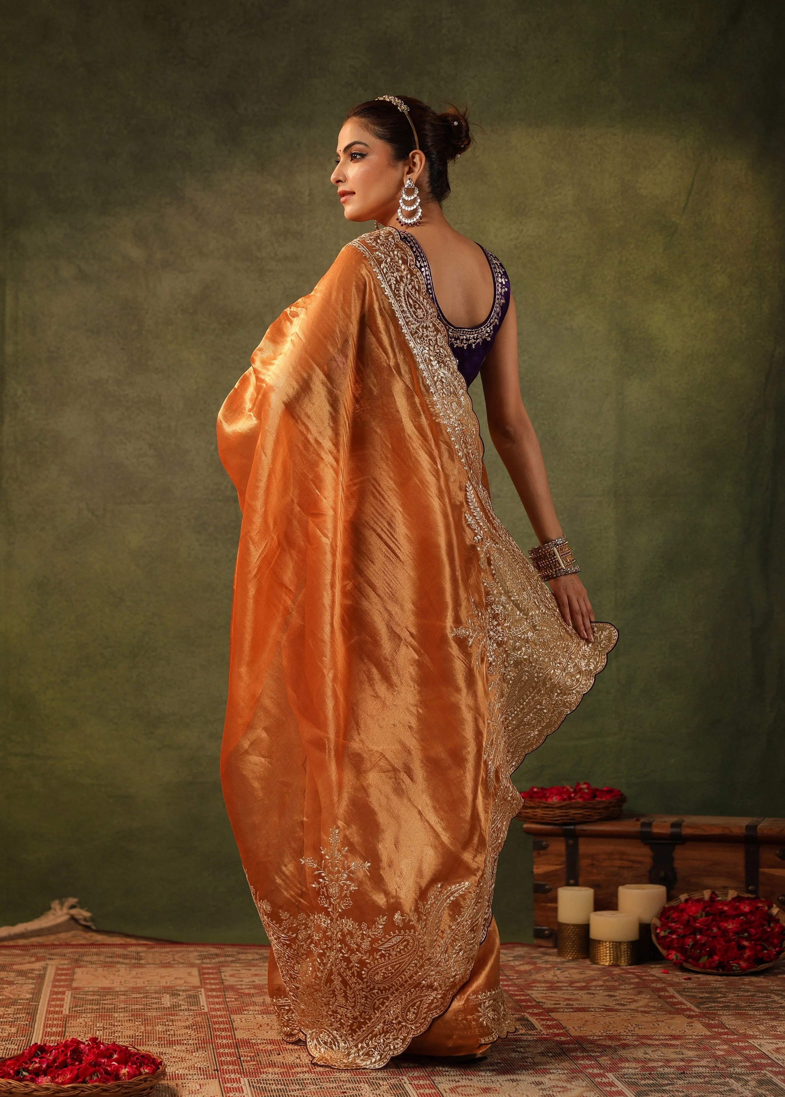 Burnt Orange Embroidered Organza Silk Saree - Image 9