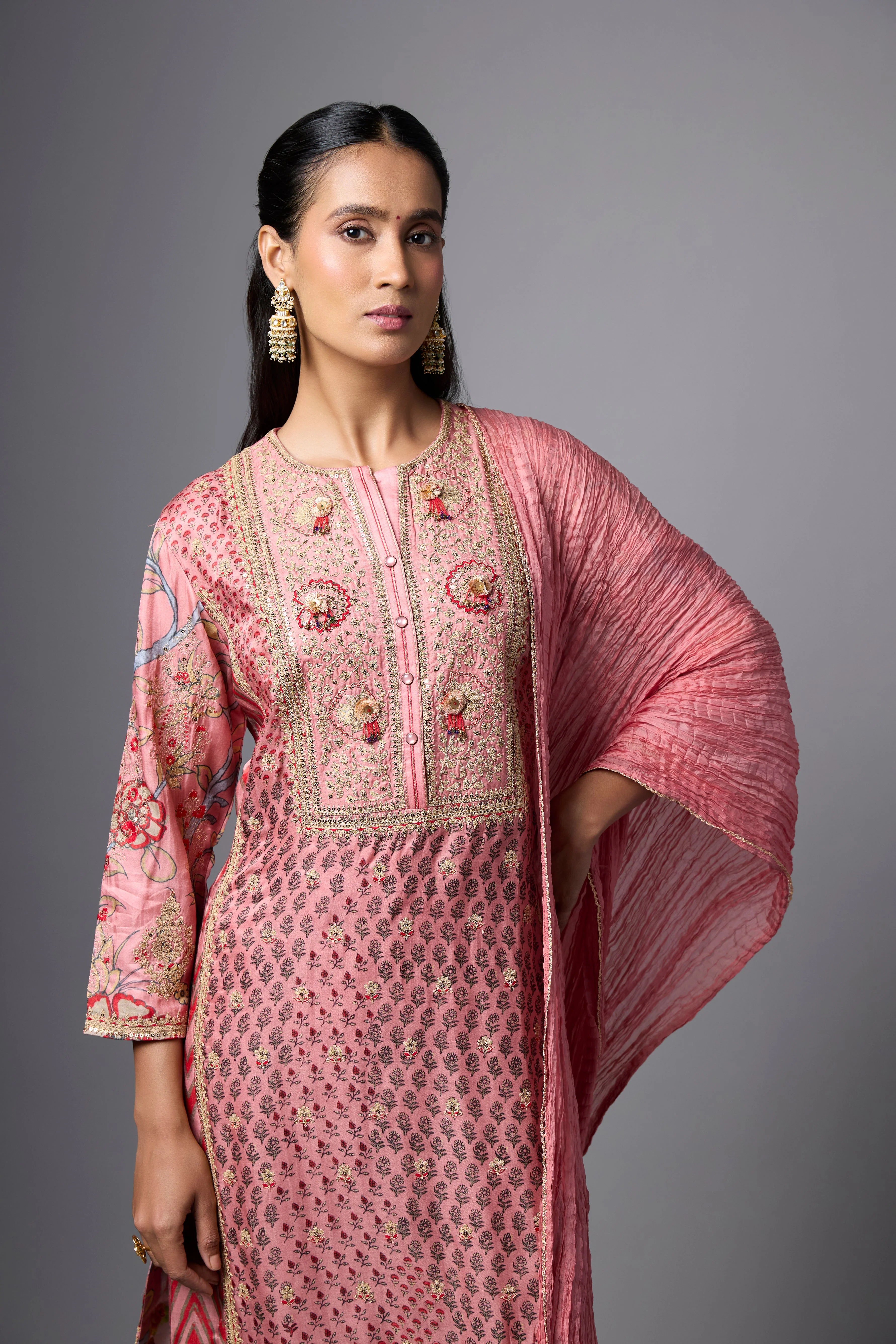 Blush Pink Embellished Slub Silk Palazzo Set - Image 2
