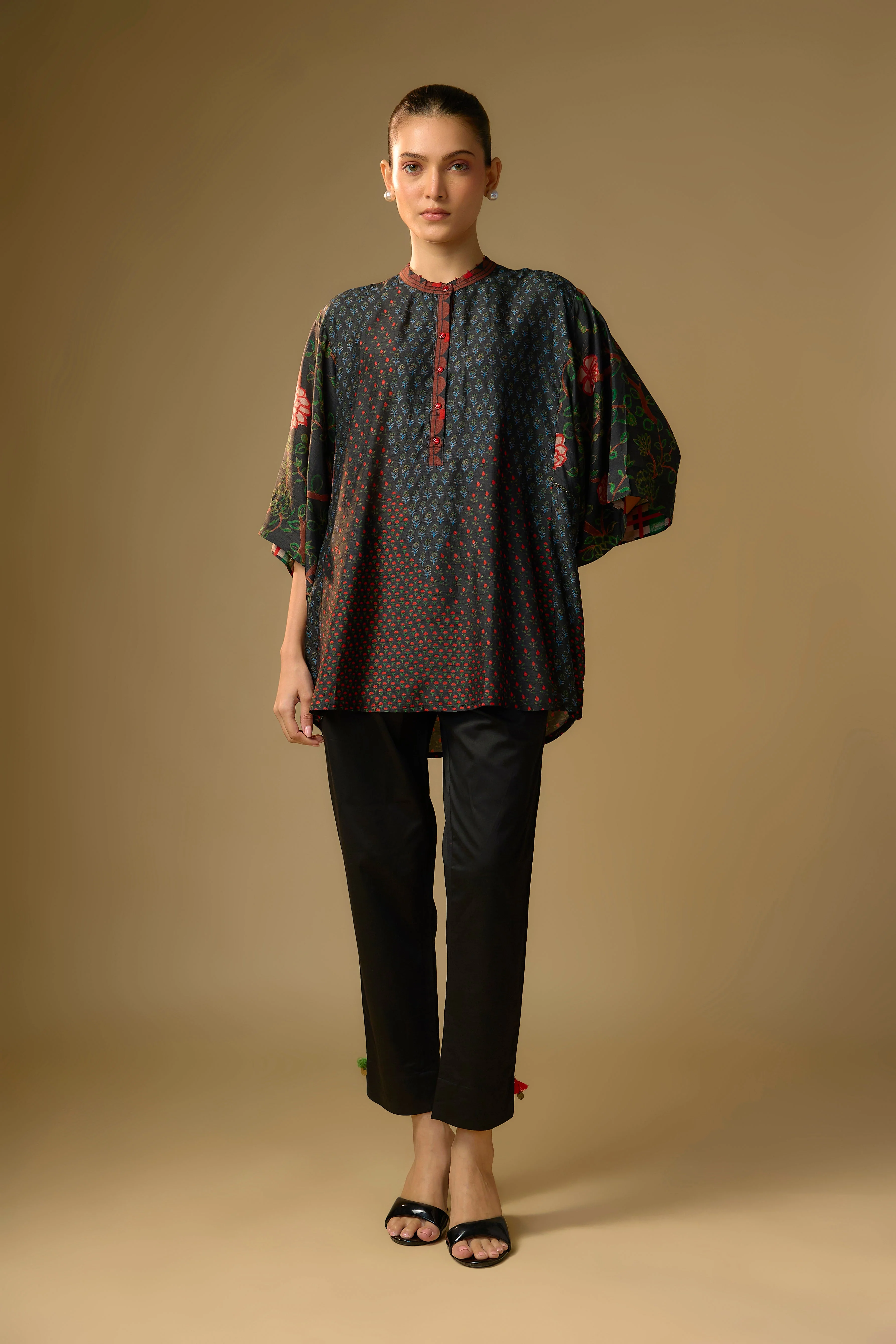 Black Printed Slub Cotton Silk Tunic Top