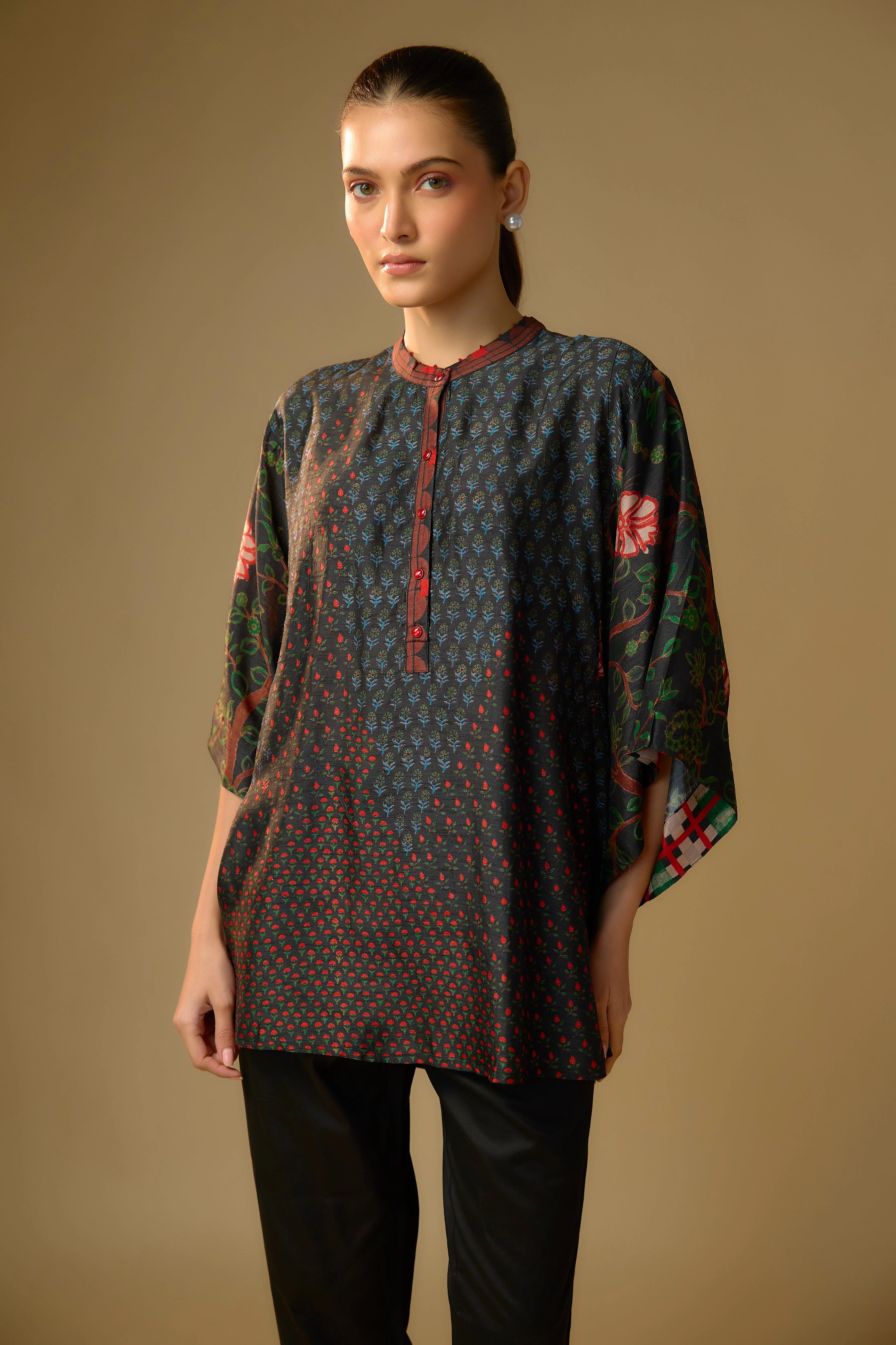 Black Printed Slub Cotton Silk Tunic Top - Image 2