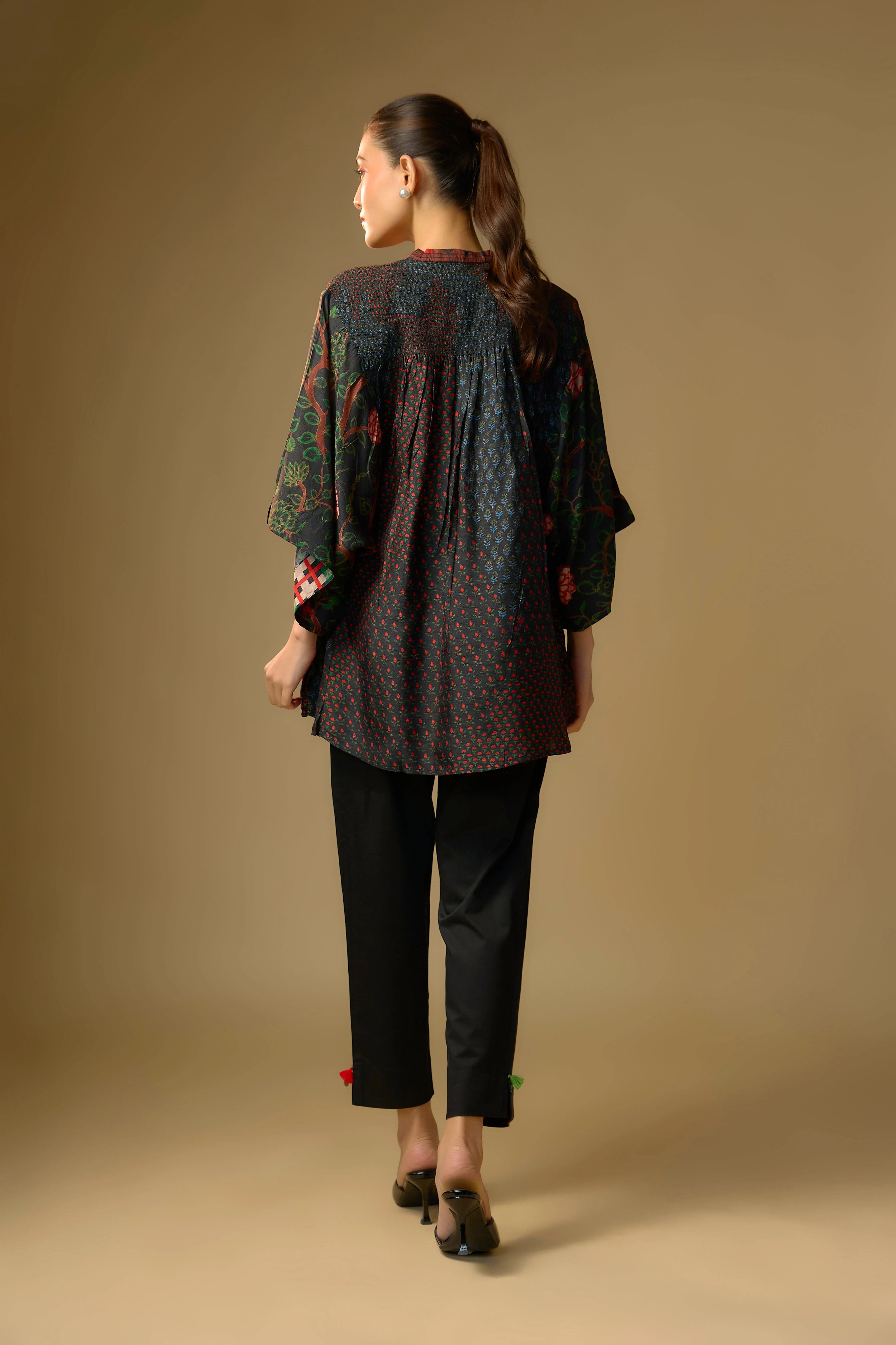 Black Printed Slub Cotton Silk Tunic Top - Image 3