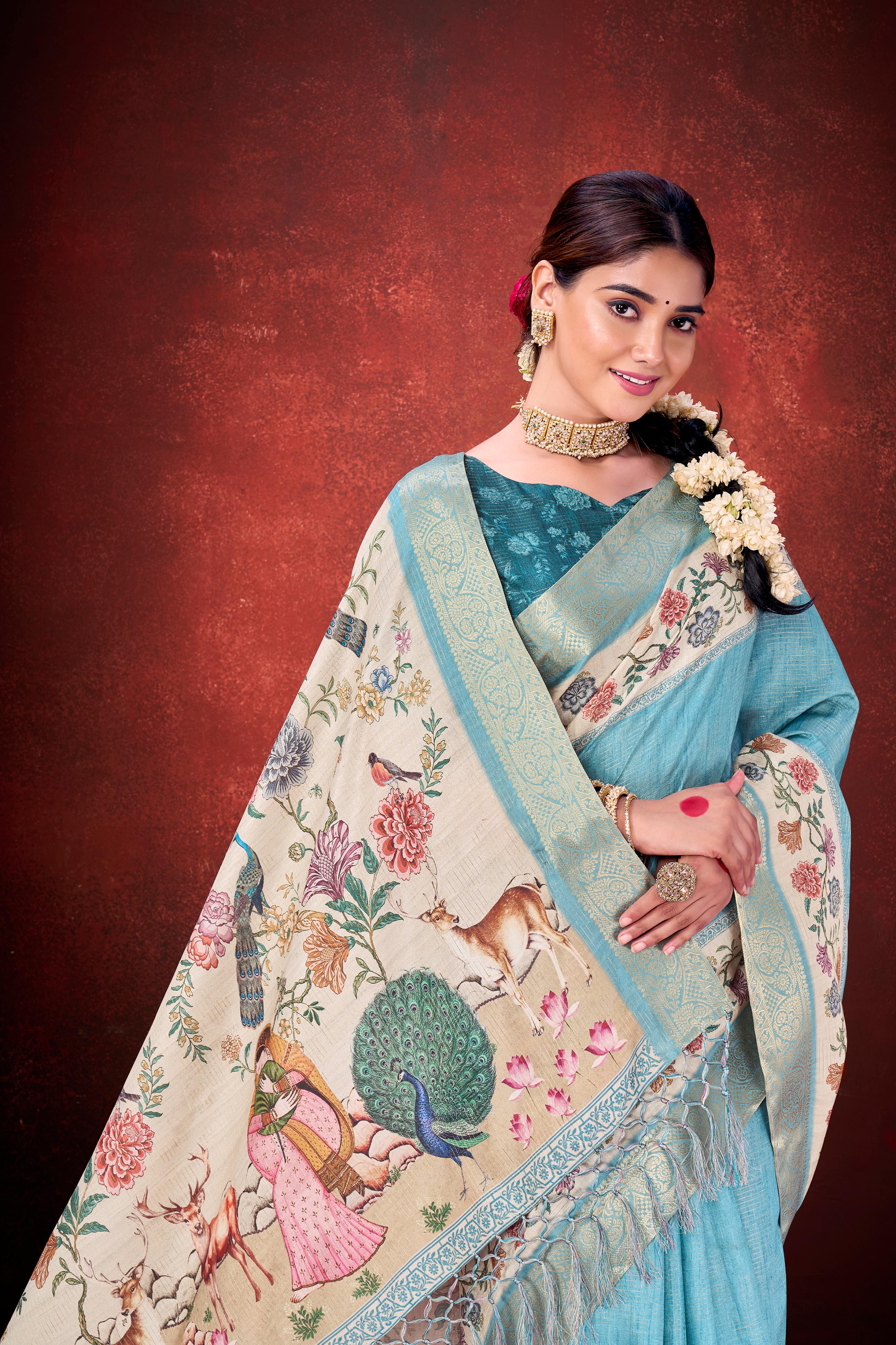 Rama Kantha Zari Silk Saree with Printed Pallu - Image 2