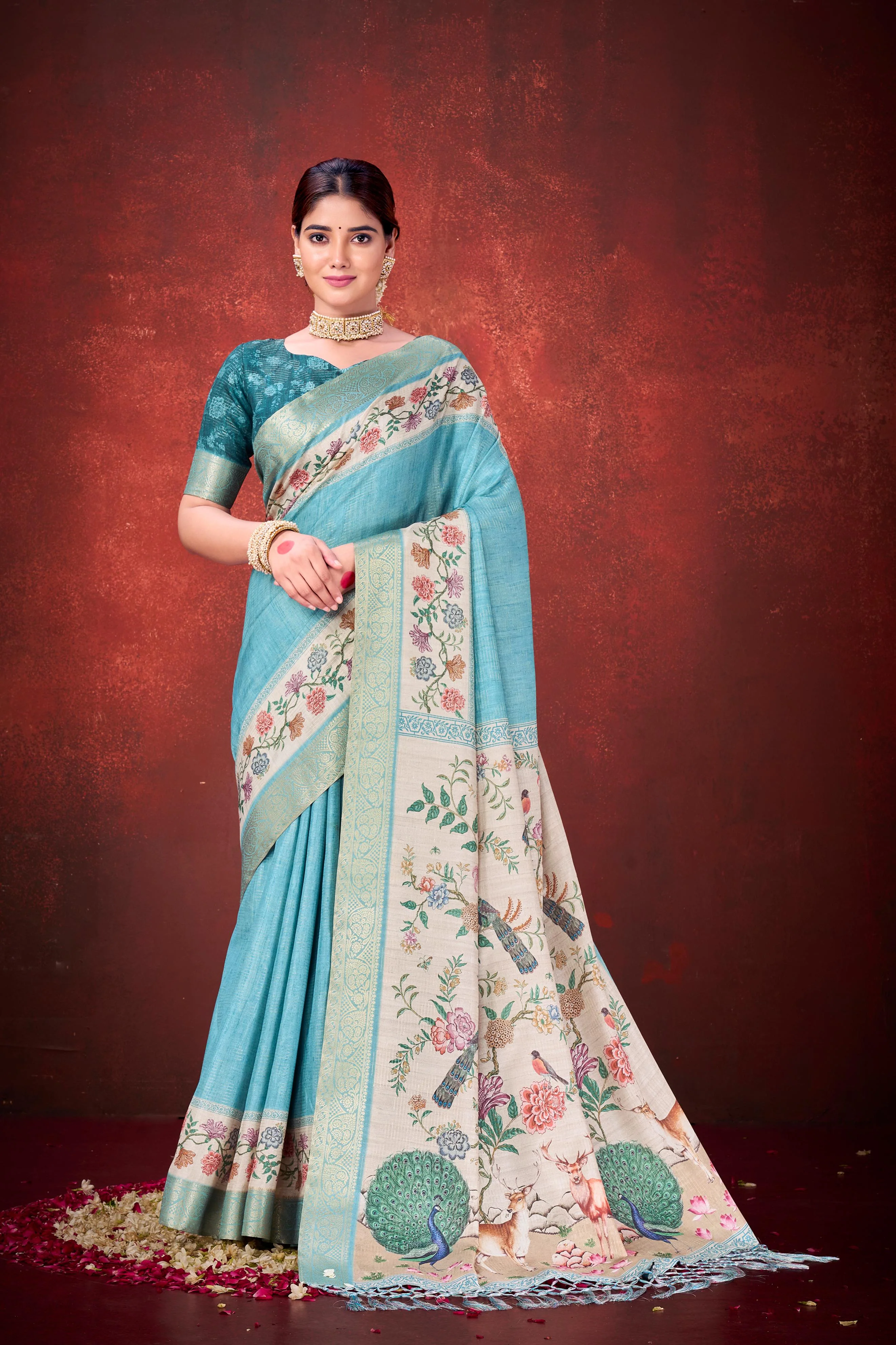 Rama Kantha Zari Silk Saree with Printed Pallu - Image 3