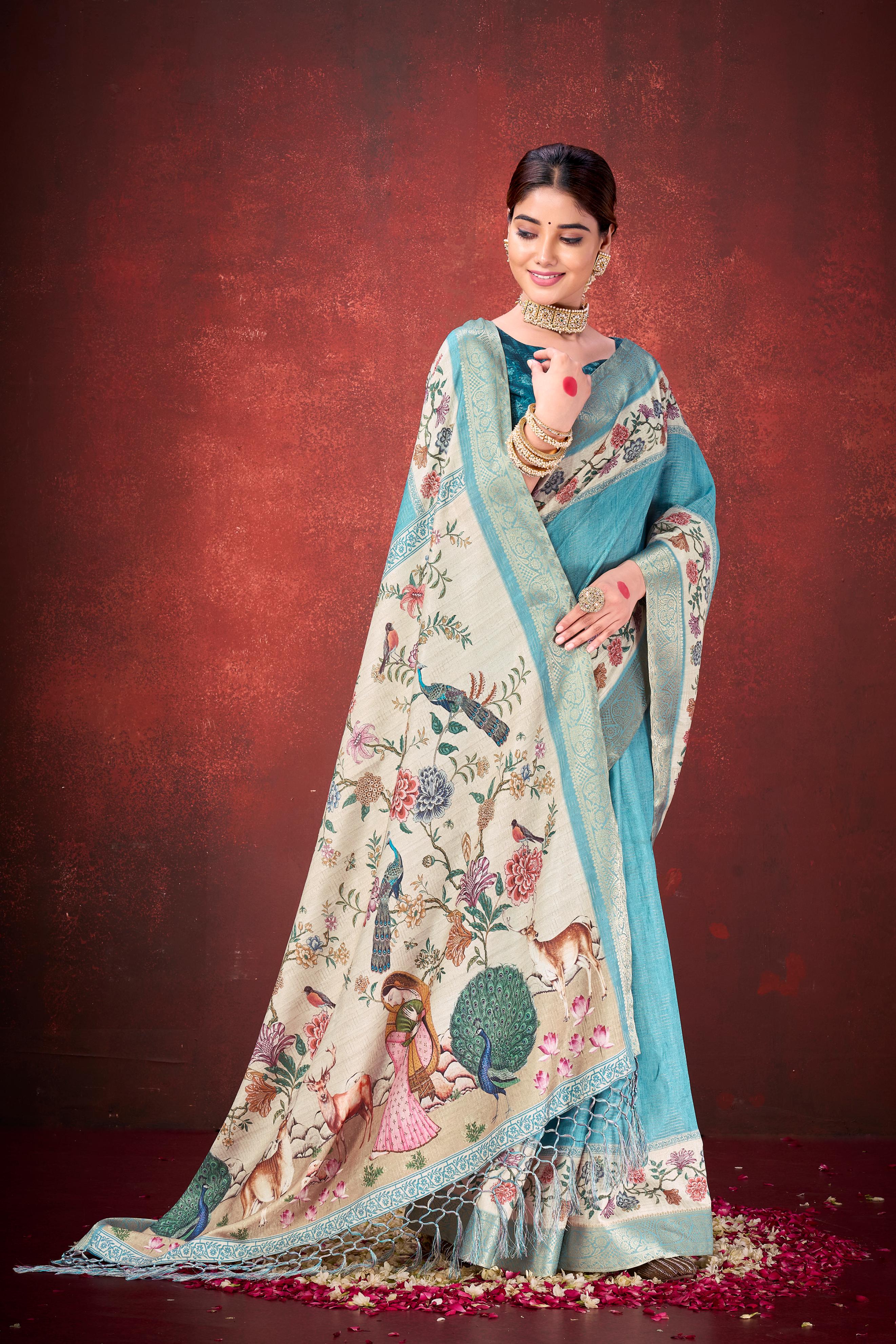 Rama Kantha Zari Silk Saree with Printed Pallu - Image 4