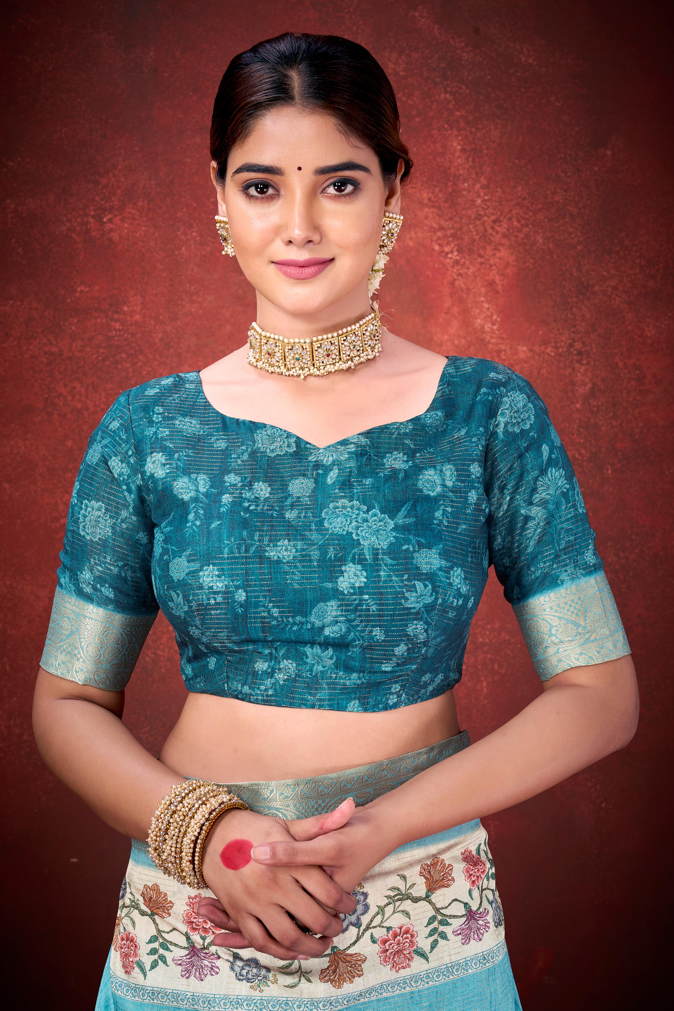 Rama Kantha Zari Silk Saree with Printed Pallu - Image 5