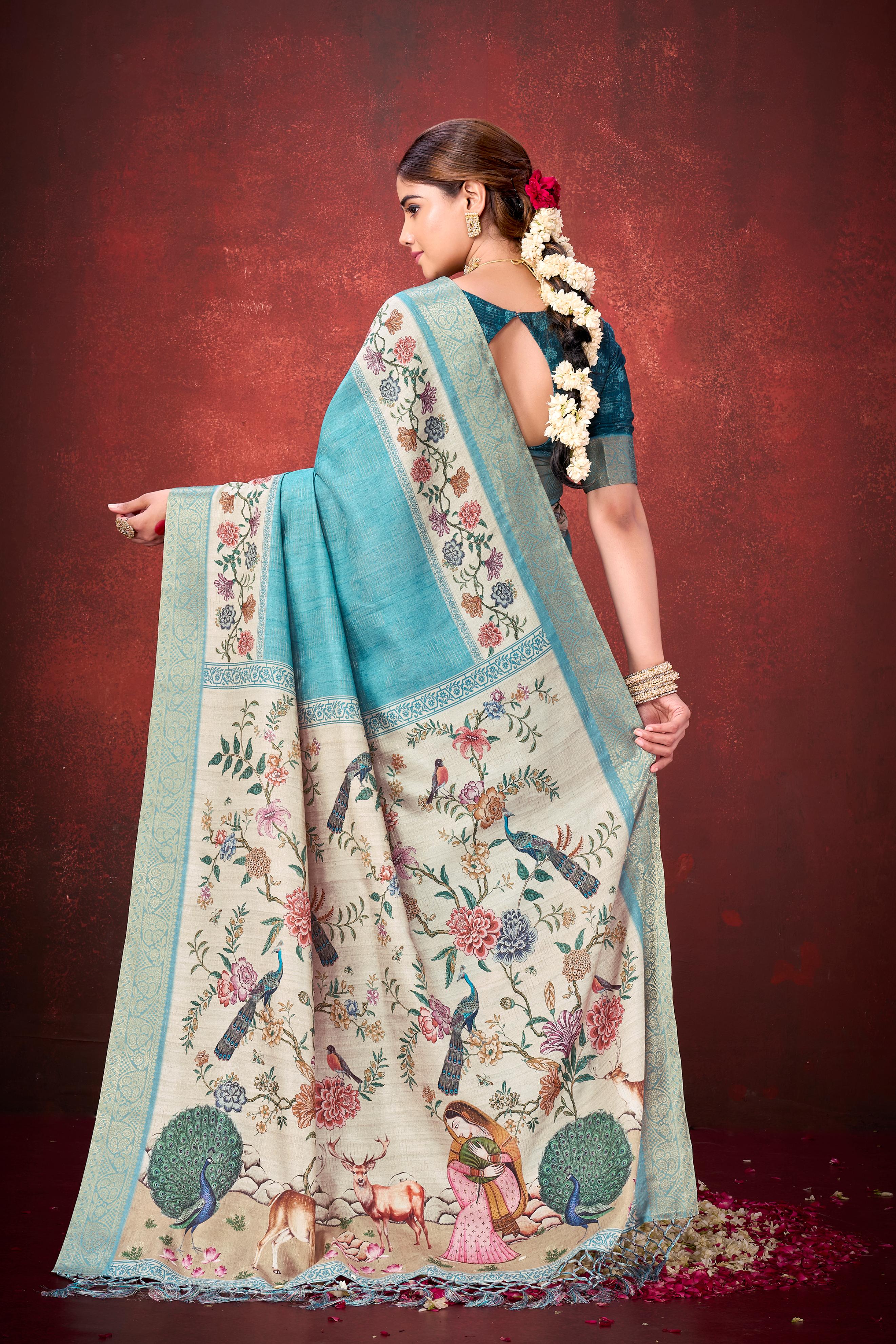Rama Kantha Zari Silk Saree with Printed Pallu - Image 6