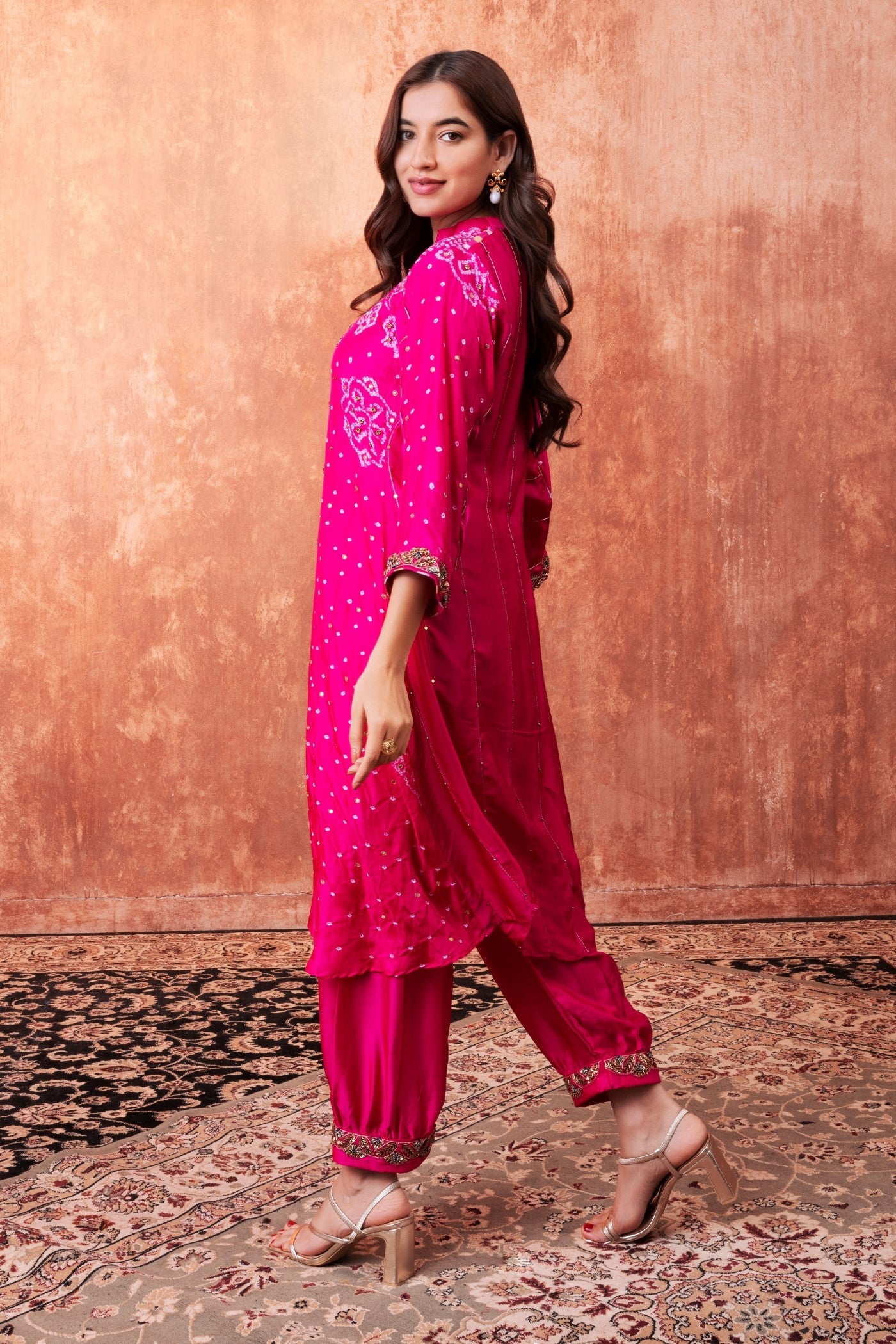Rani Pink Bandhej Printed Embellished Kurta Set - Image 3