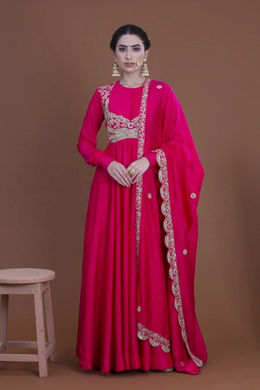 Rani Pink Crepe Silk Long Dress And Dupatta Set - Image 2