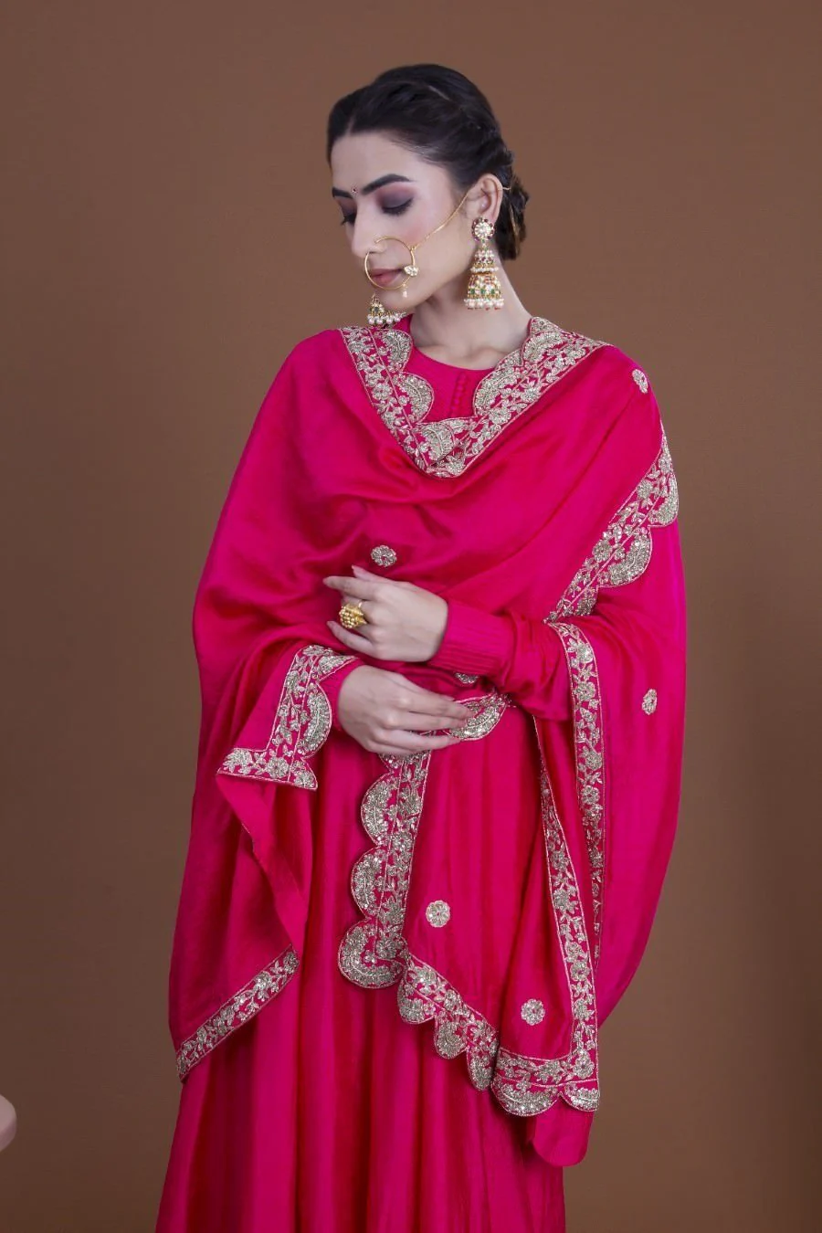 Rani Pink Crepe Silk Long Dress And Dupatta Set - Image 3