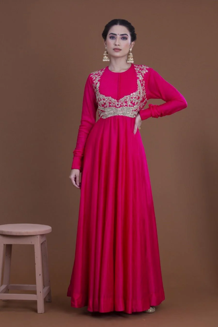 Rani Pink Crepe Silk Long Dress And Dupatta Set - Image 5