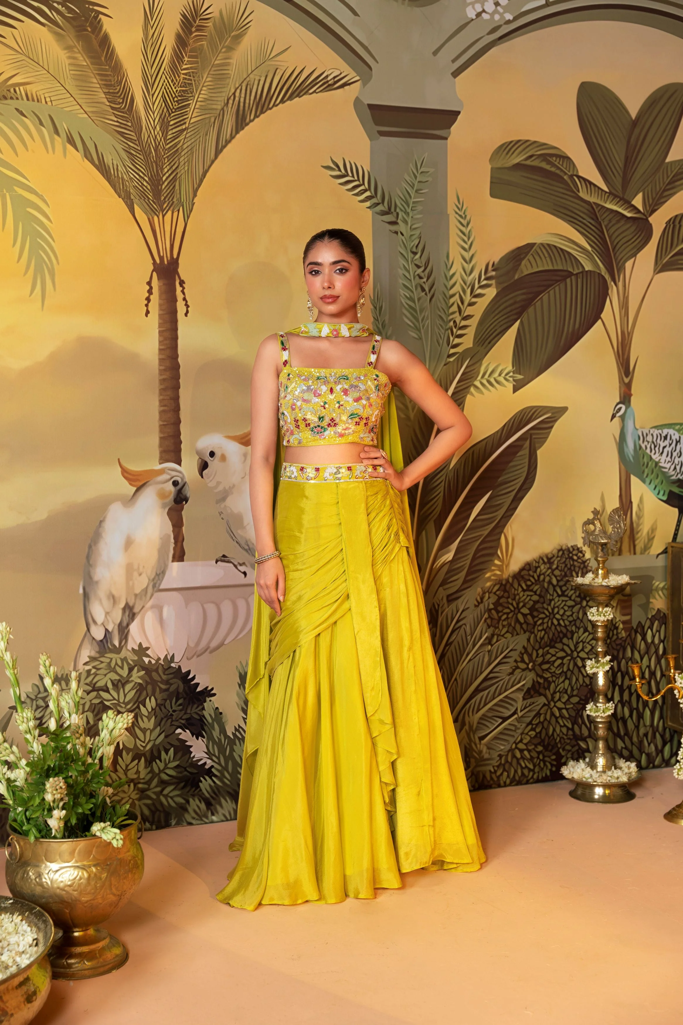 Lime Green Embellished Chinon Silk Skirt Set