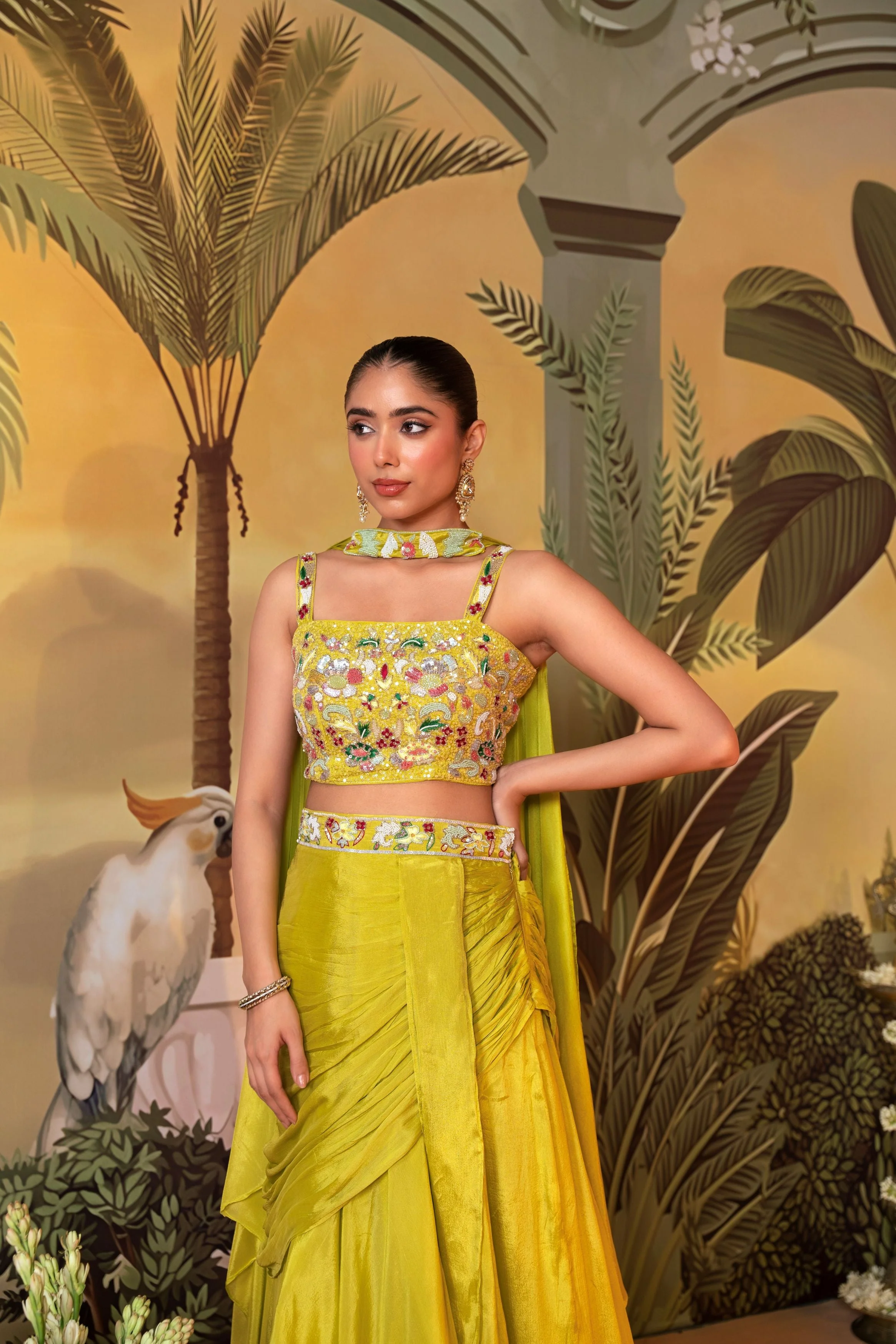 Lime Green Embellished Chinon Silk Skirt Set - Image 2
