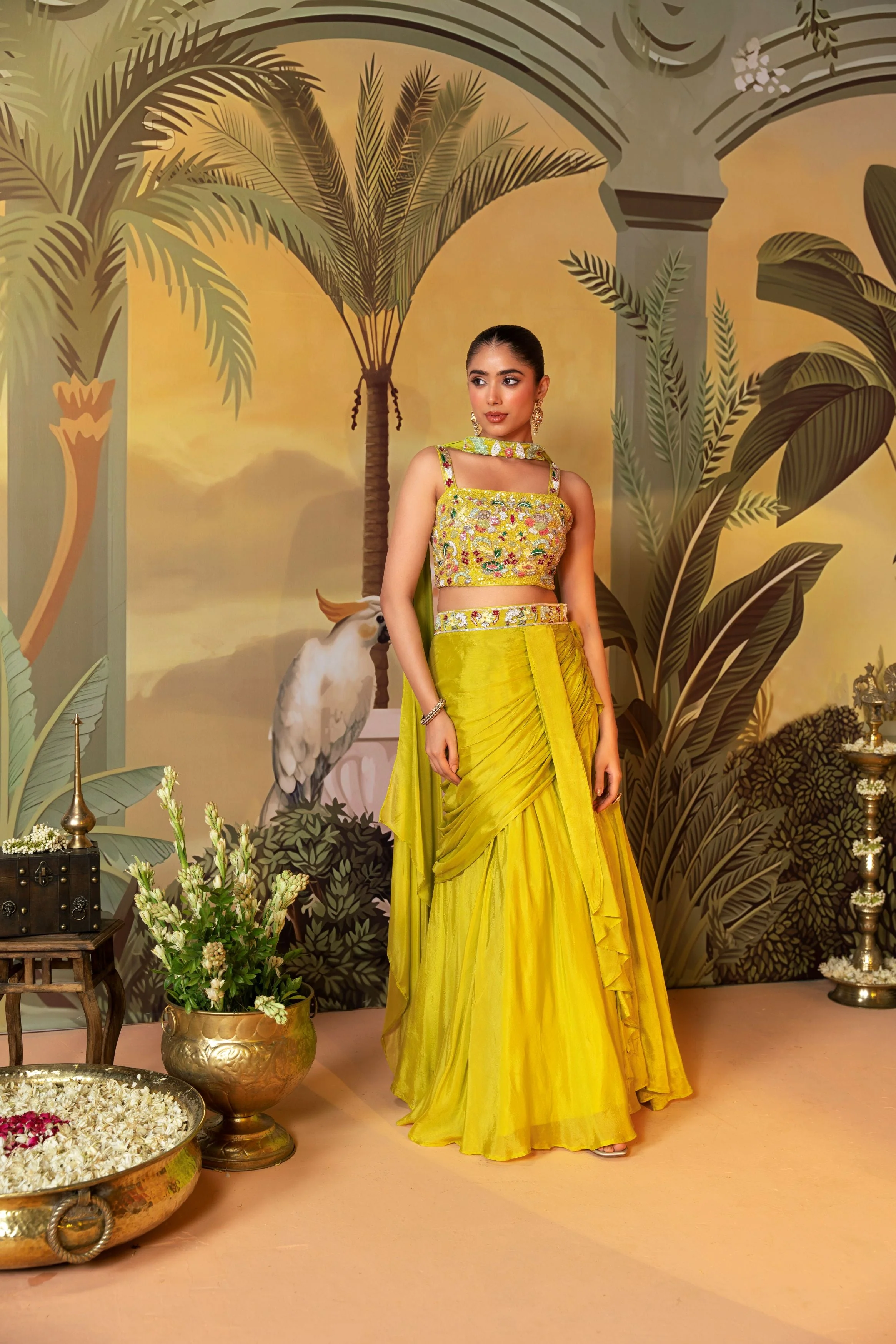 Lime Green Embellished Chinon Silk Skirt Set - Image 3