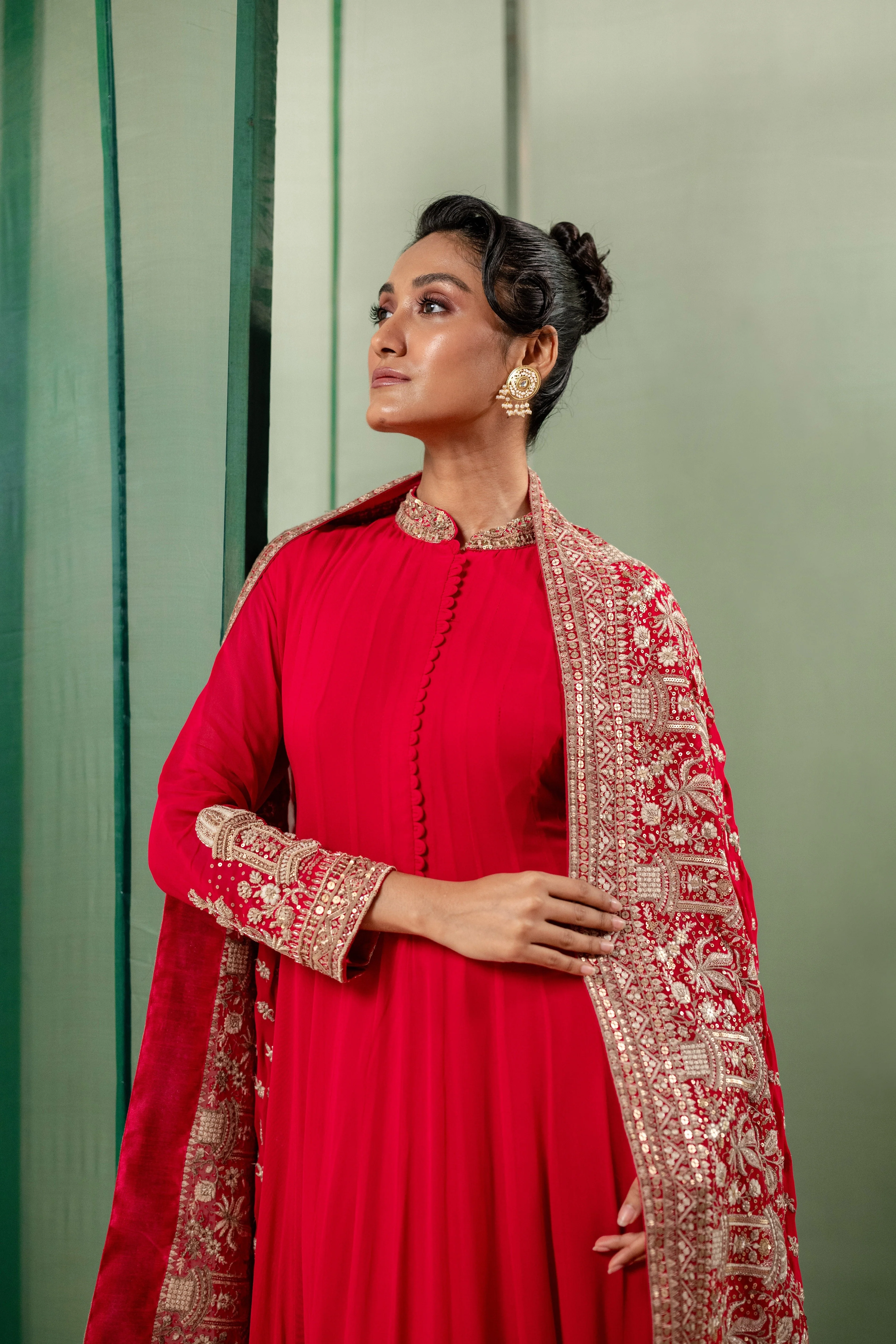 Deep Red Embellished Chinon Silk Anarkali Set - Image 2