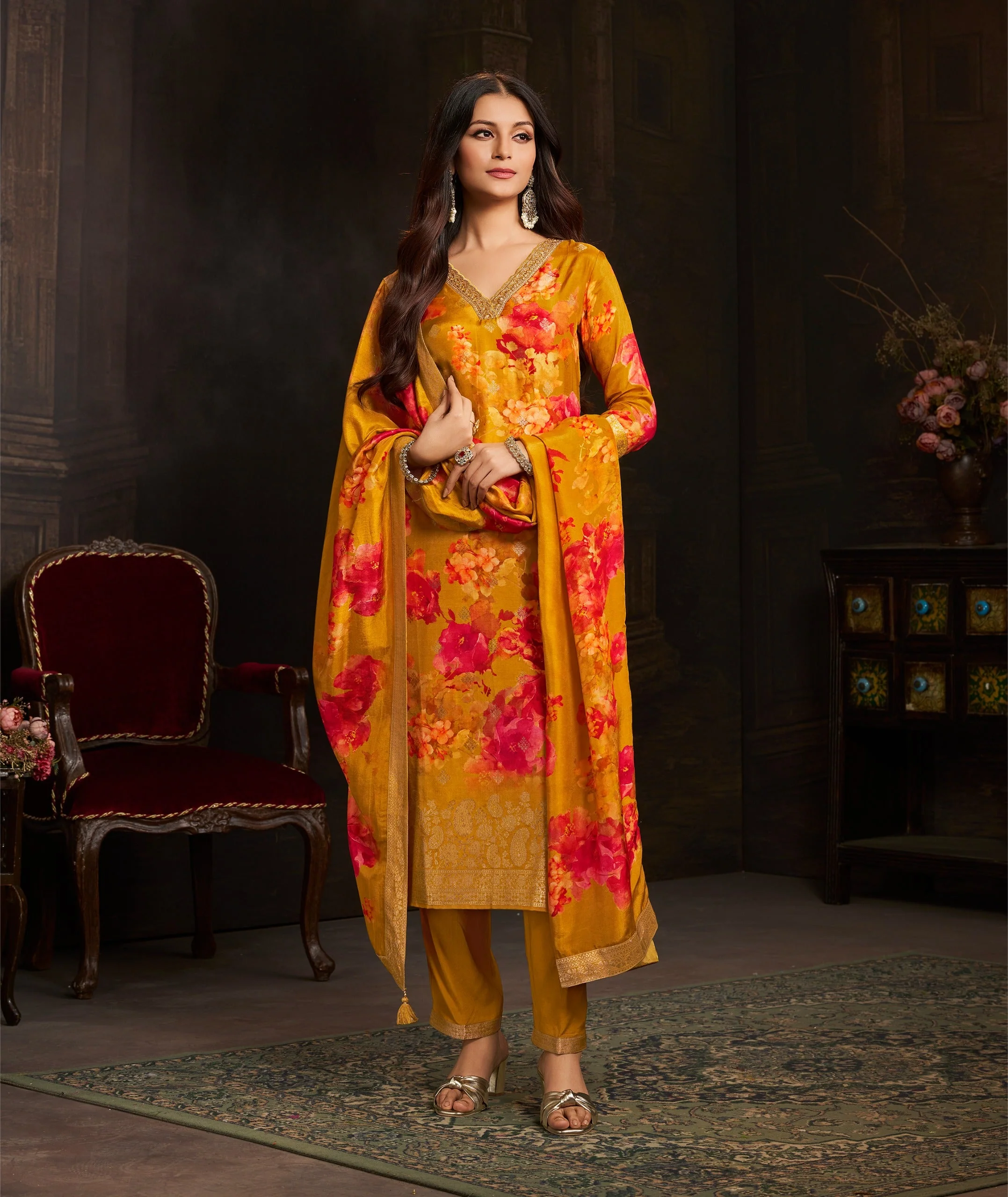 Mustard Yellow Embellished Chinon Silk Pant Set