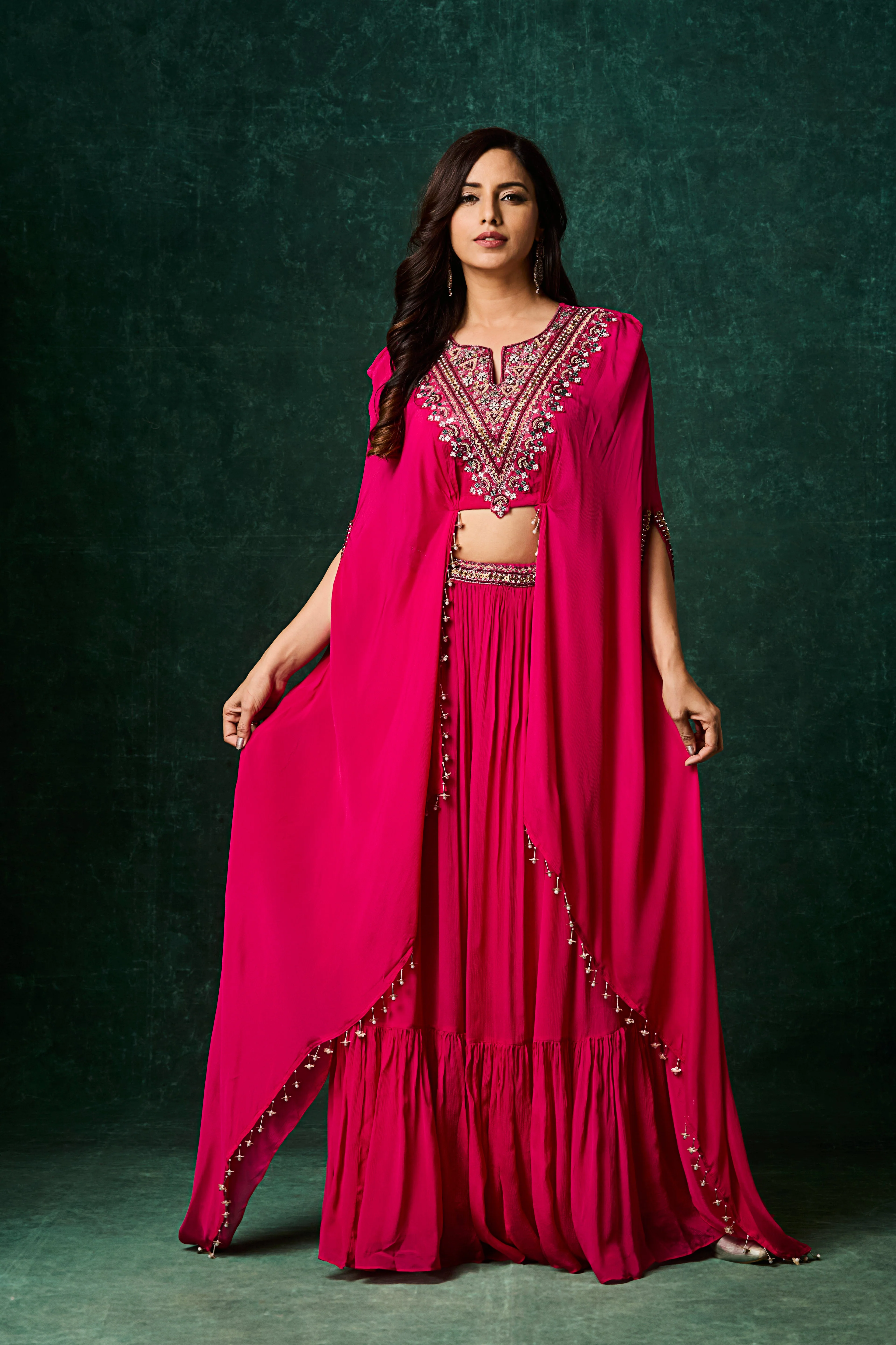 Rani Pink Embellished Chinon Silk Skirt Set