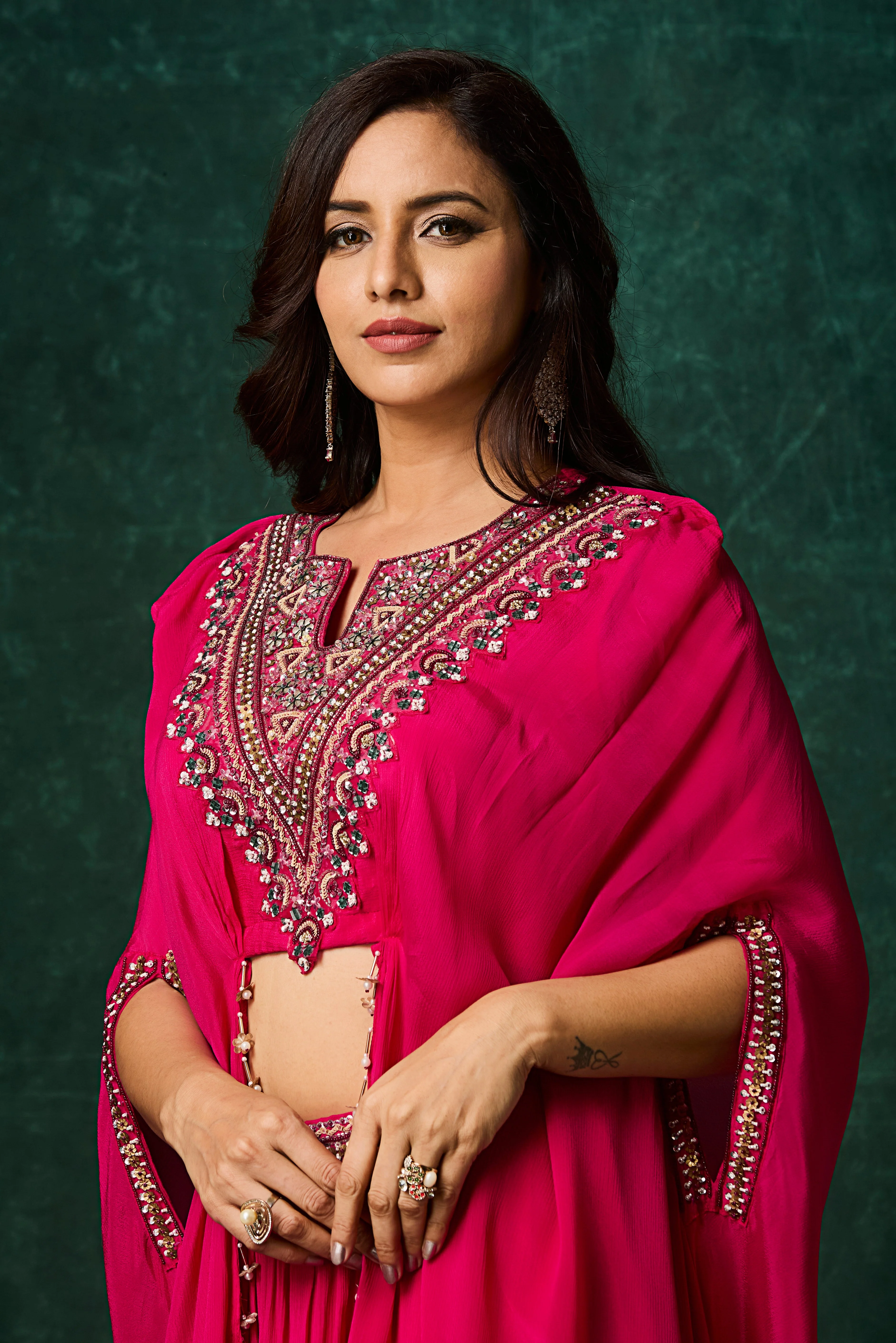 Rani Pink Embellished Chinon Silk Skirt Set - Image 2