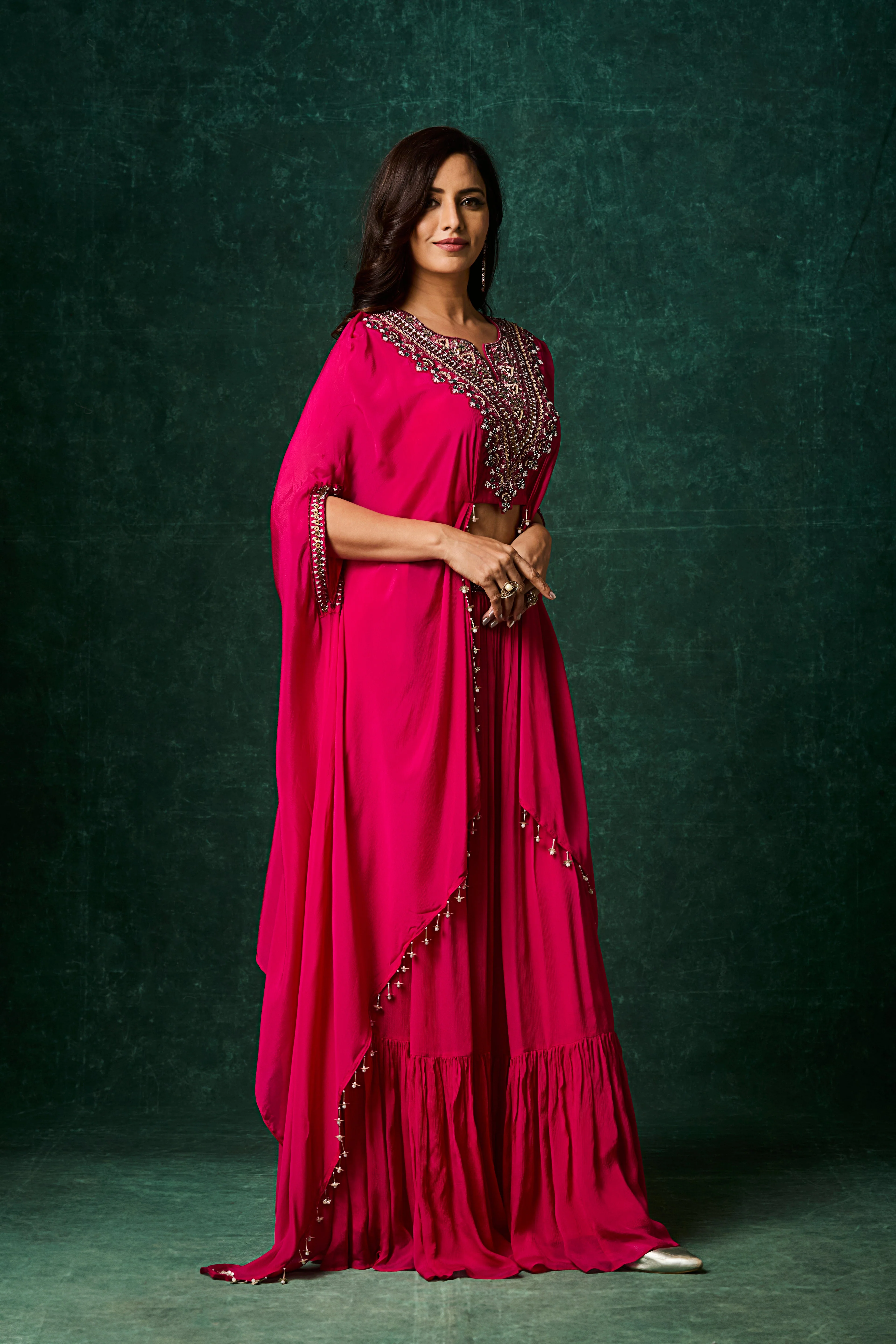 Rani Pink Embellished Chinon Silk Skirt Set - Image 3