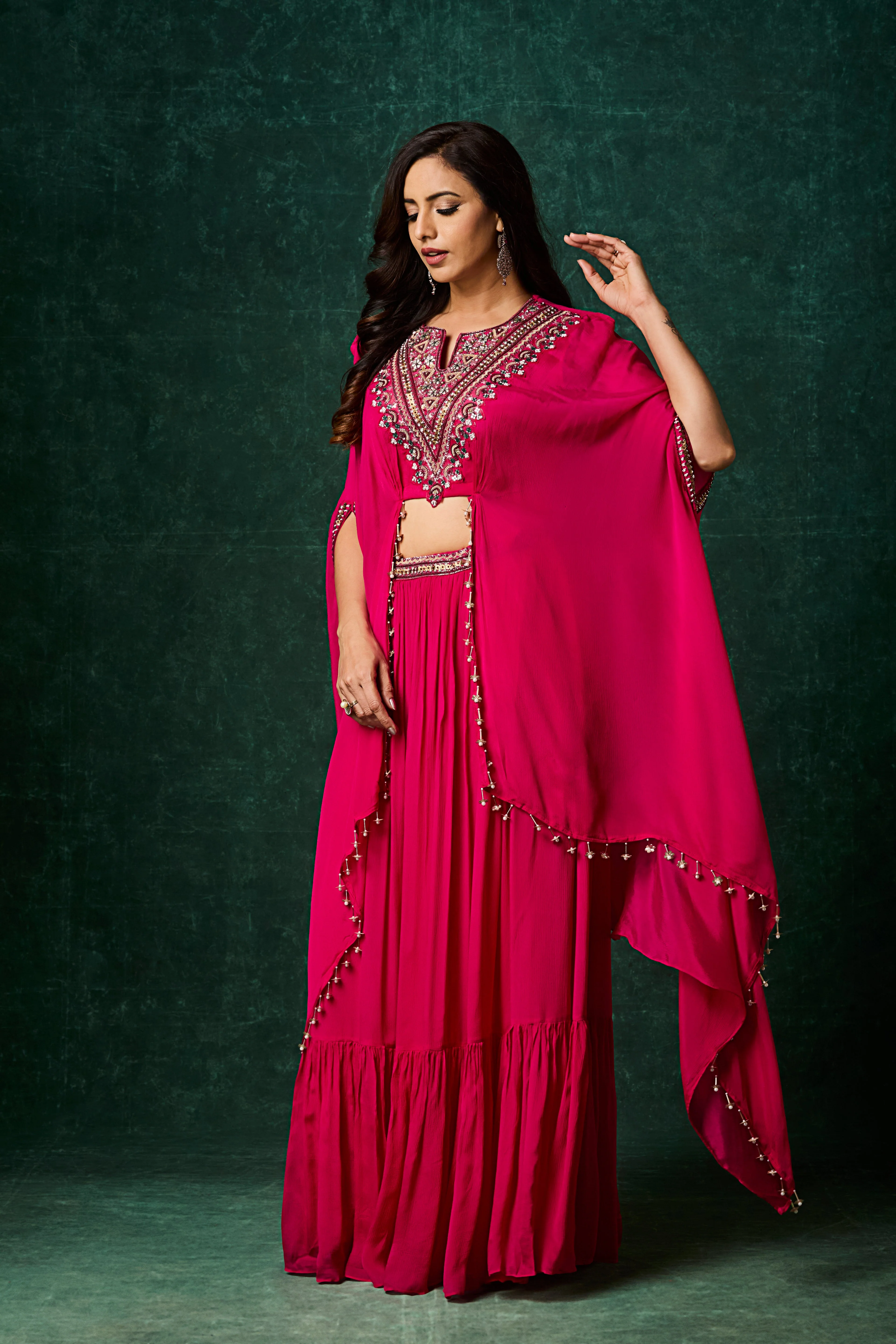 Rani Pink Embellished Chinon Silk Skirt Set - Image 4