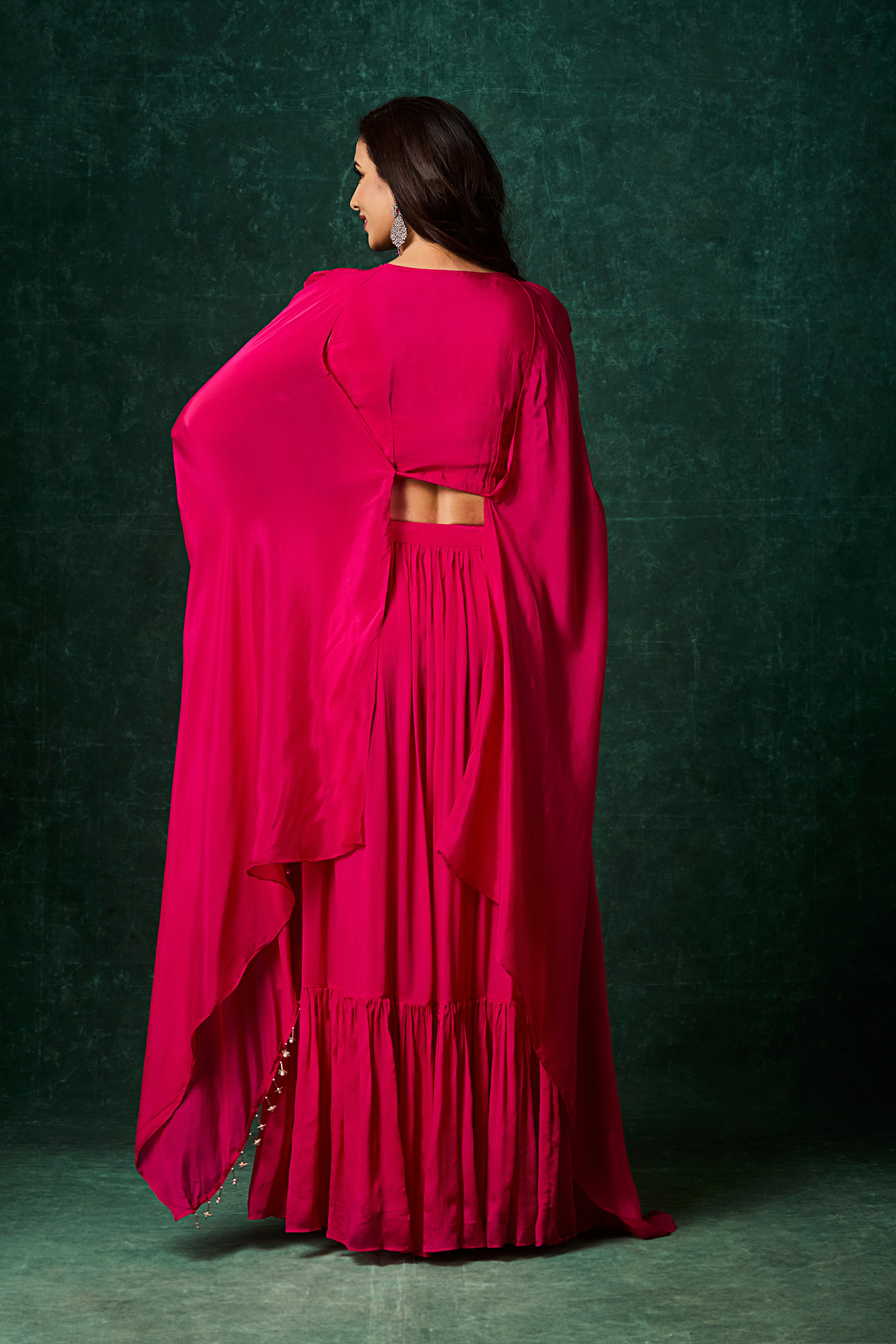 Rani Pink Embellished Chinon Silk Skirt Set - Image 5