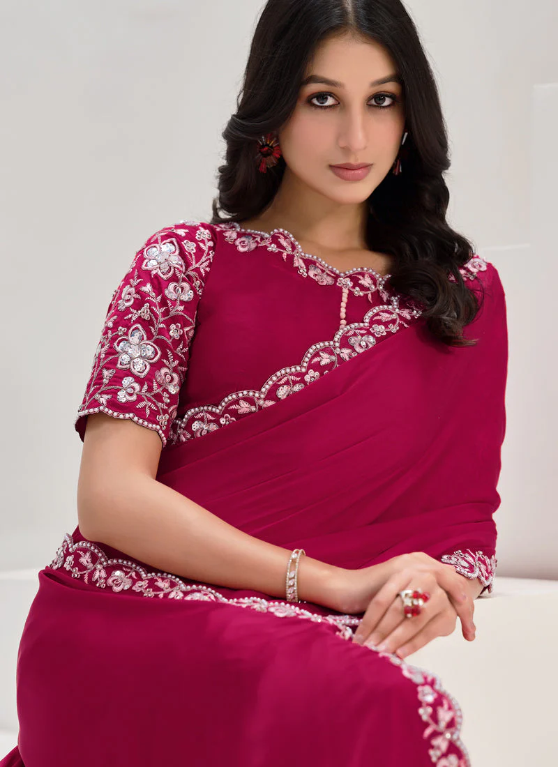 Rani Pink Embellished Crepe Satin Silk Saree - Image 2