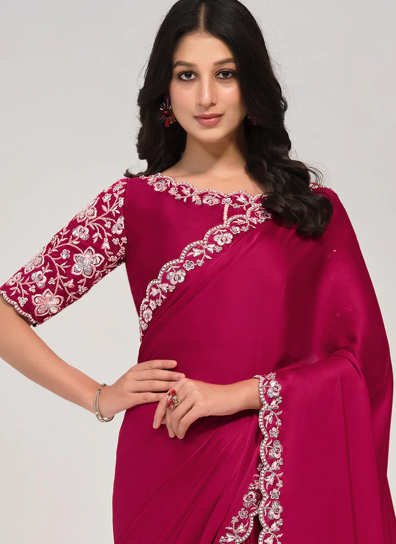 Rani Pink Embellished Crepe Satin Silk Saree - Image 3