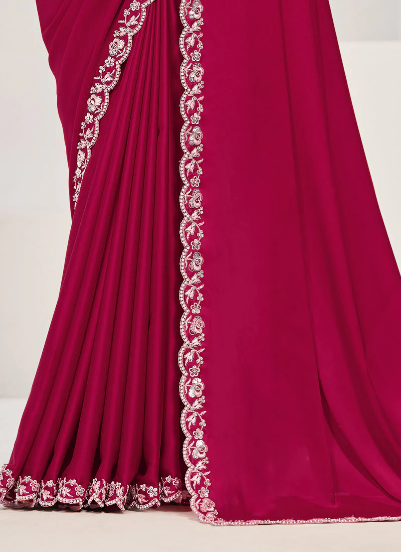 Rani Pink Embellished Crepe Satin Silk Saree - Image 4
