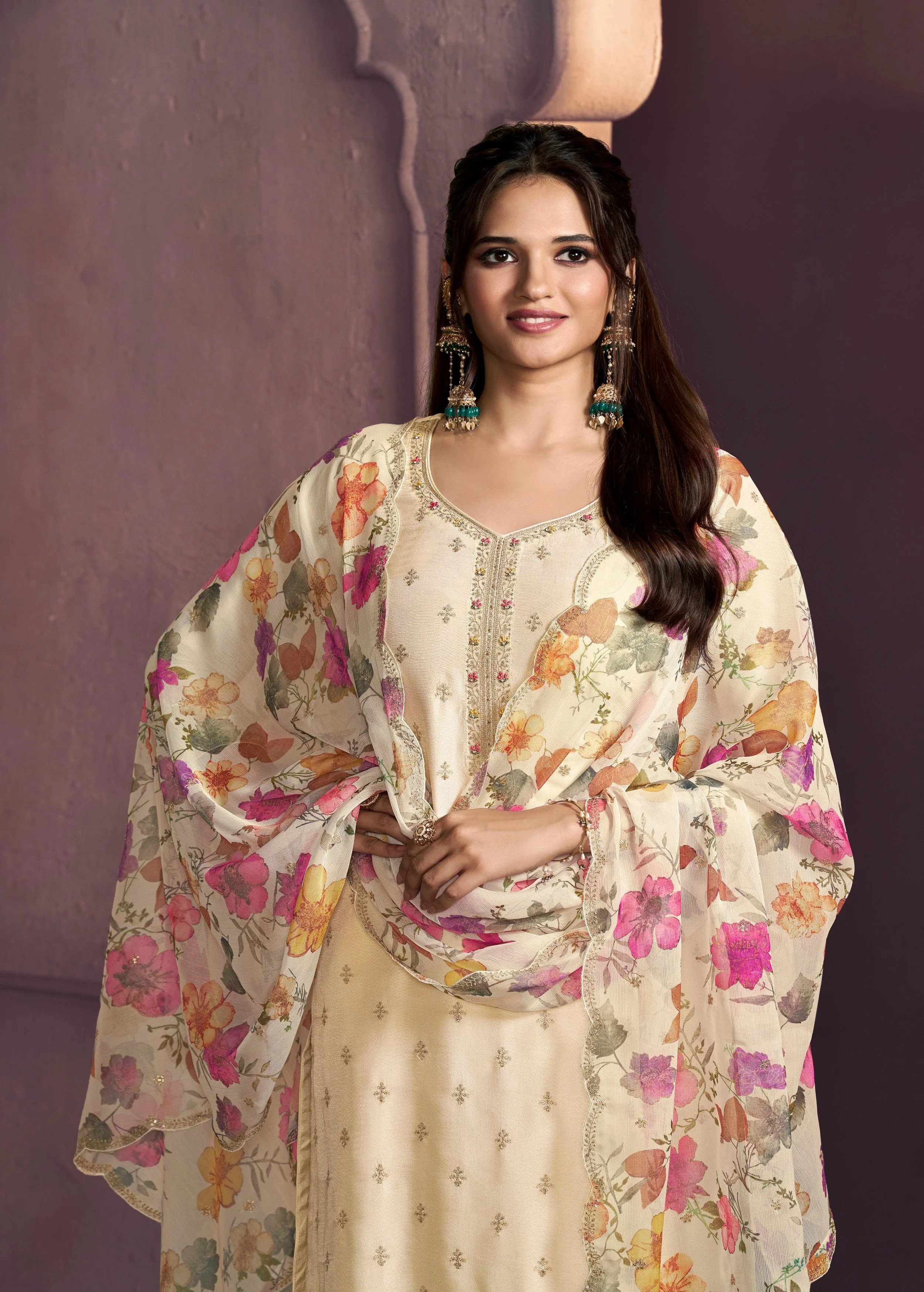 Cream White Embellished Dola Silk Pant Set - Image 2