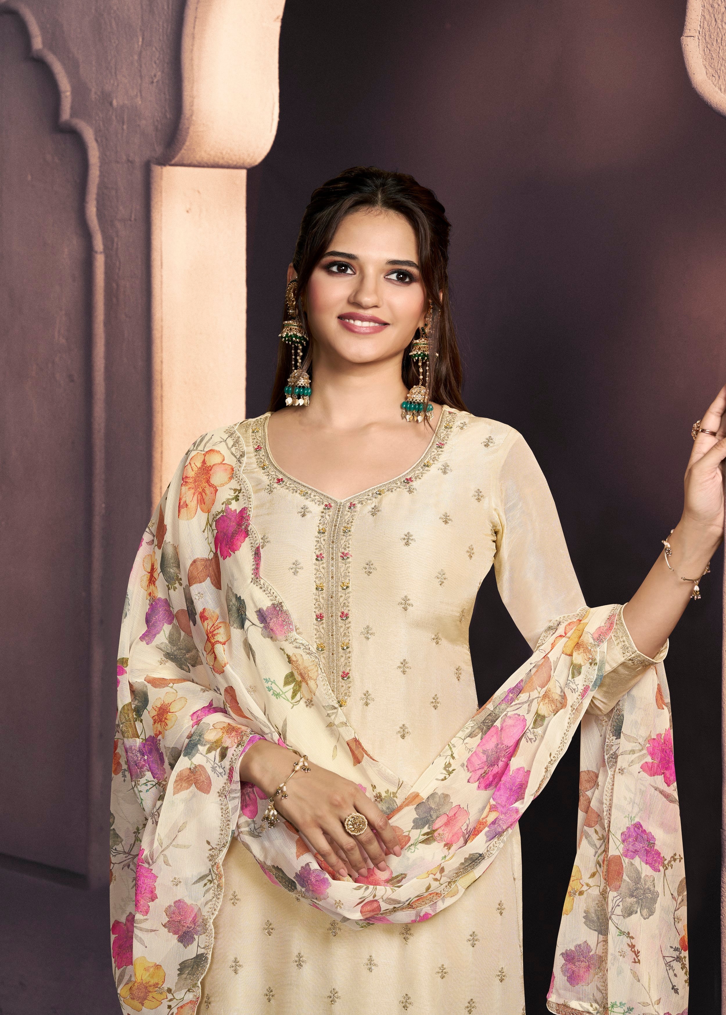 Cream White Embellished Dola Silk Pant Set - Image 3