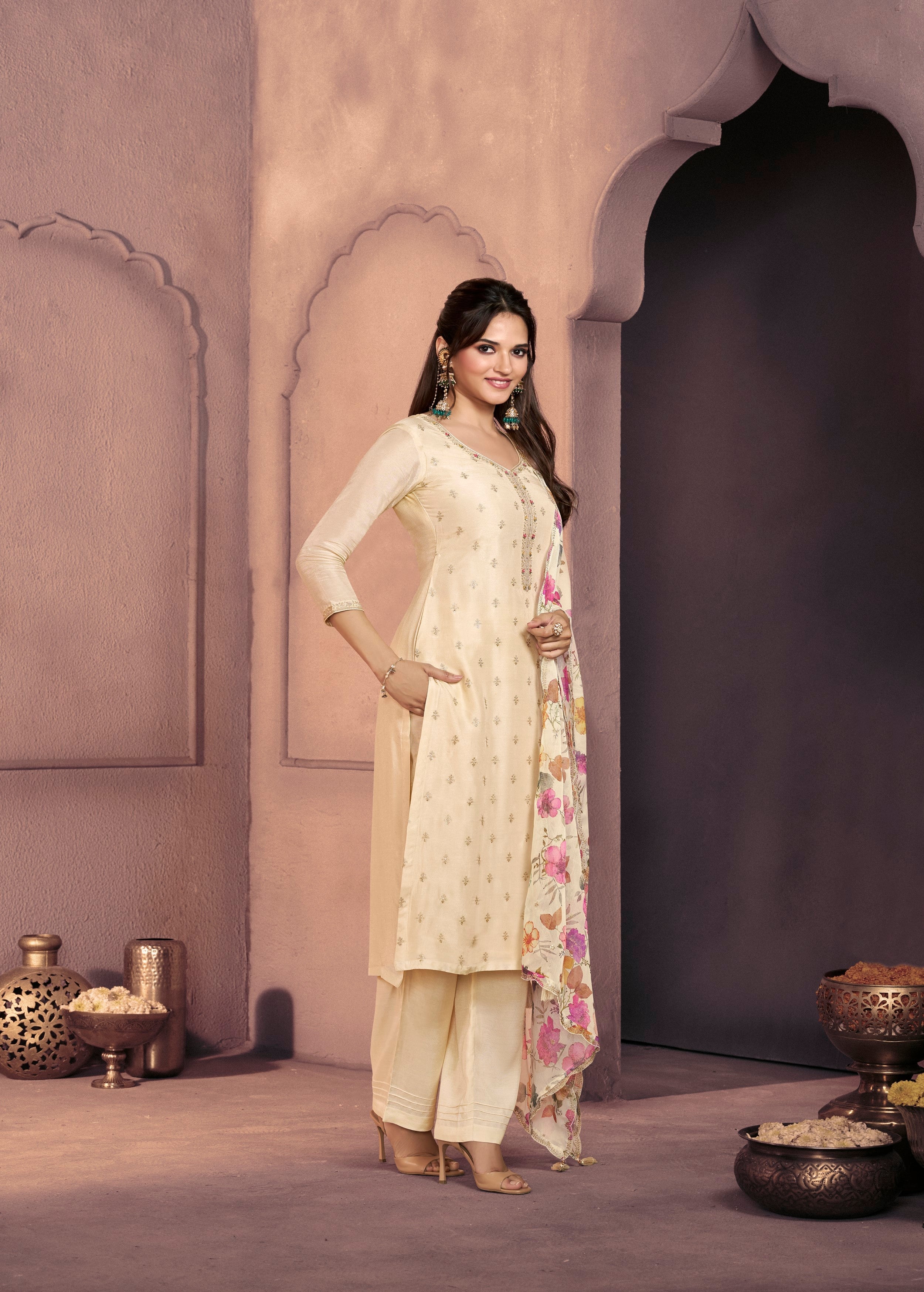 Cream White Embellished Dola Silk Pant Set - Image 4