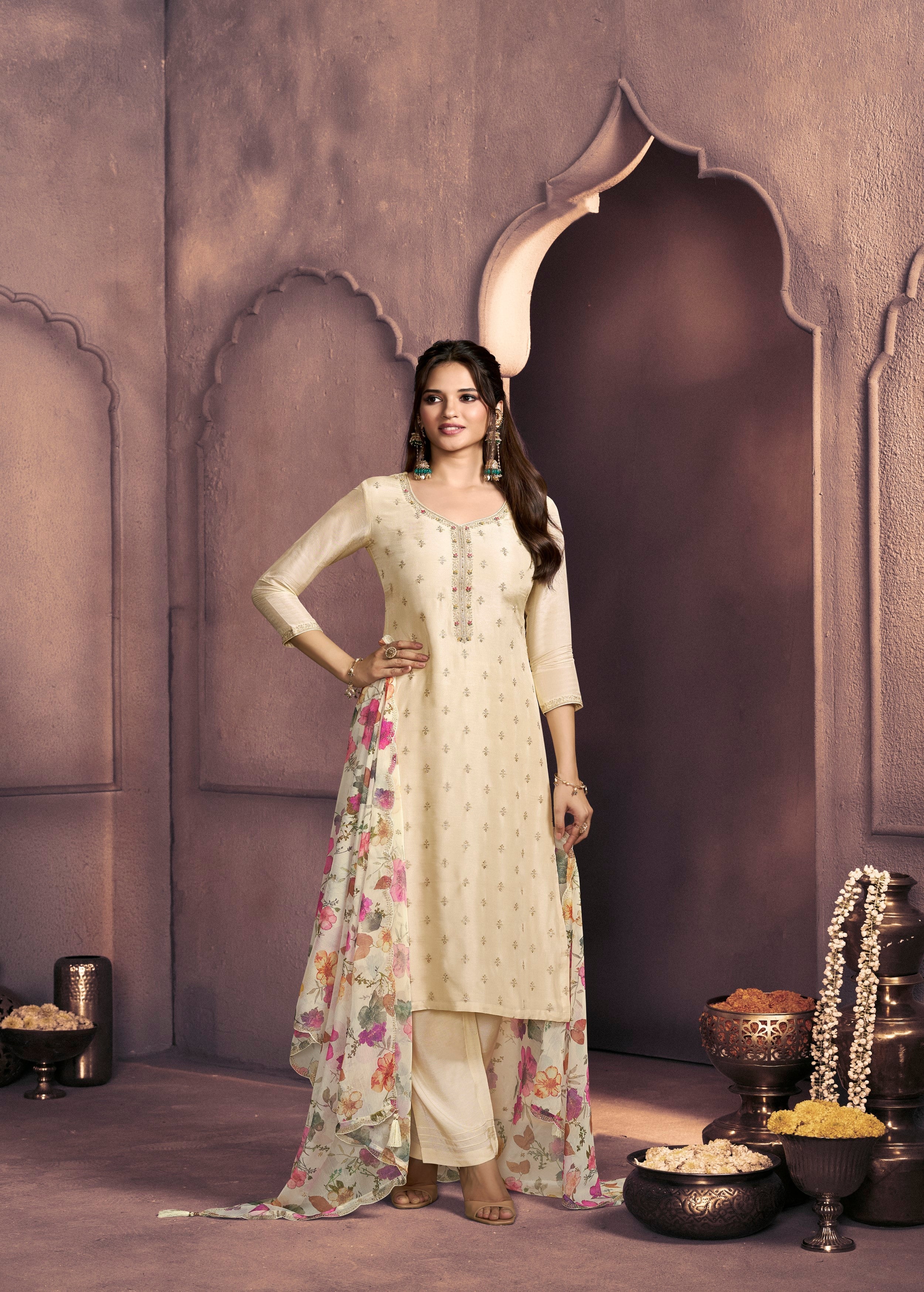 Cream White Embellished Dola Silk Pant Set - Image 5